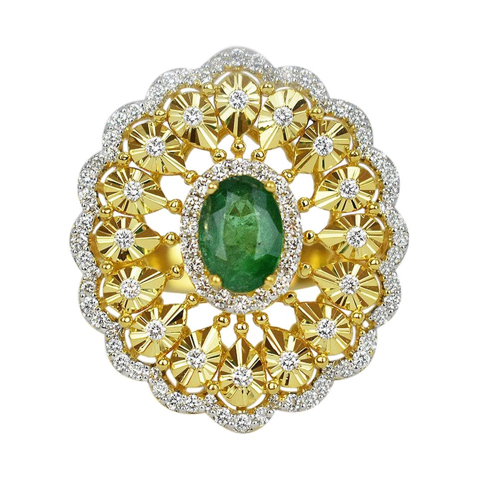18k Ring Yello Gold Ring Diamond Ring Emerald Ring Emerald Oval Ring Gold For Sale