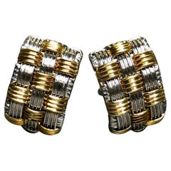 18K ROBERTO COIN Appassionata Basket Weave Two Tone Wide Clip On Huggie Earrings