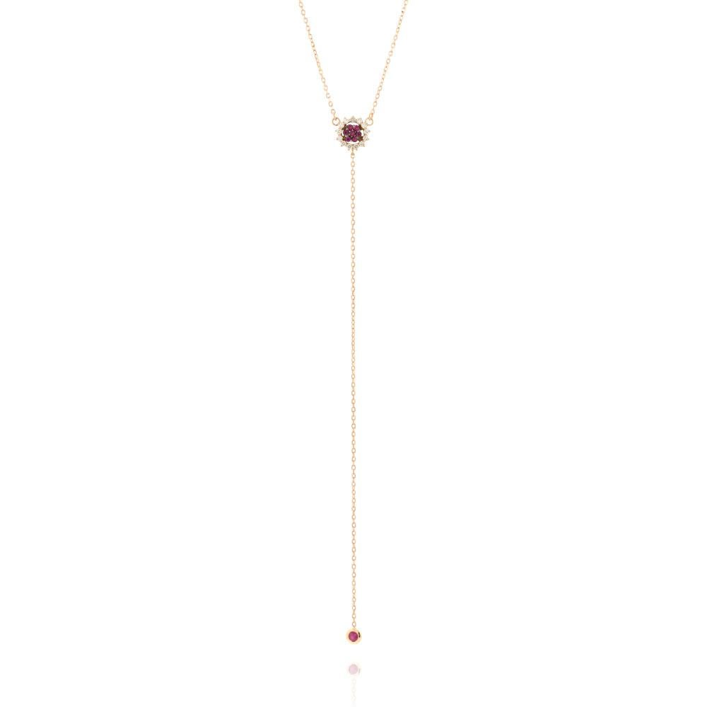 The Bloom collection consists of a gorgeous center solitaire surrounded by a halo of precious and semiprecious stones.

Product Name: Baby Lu Pendant with Chain
Diamonds: Colorless Diamonds 0.16 cts, Rubies 0.12 cts
Metal: 18K Rose Gold
4.024 grams