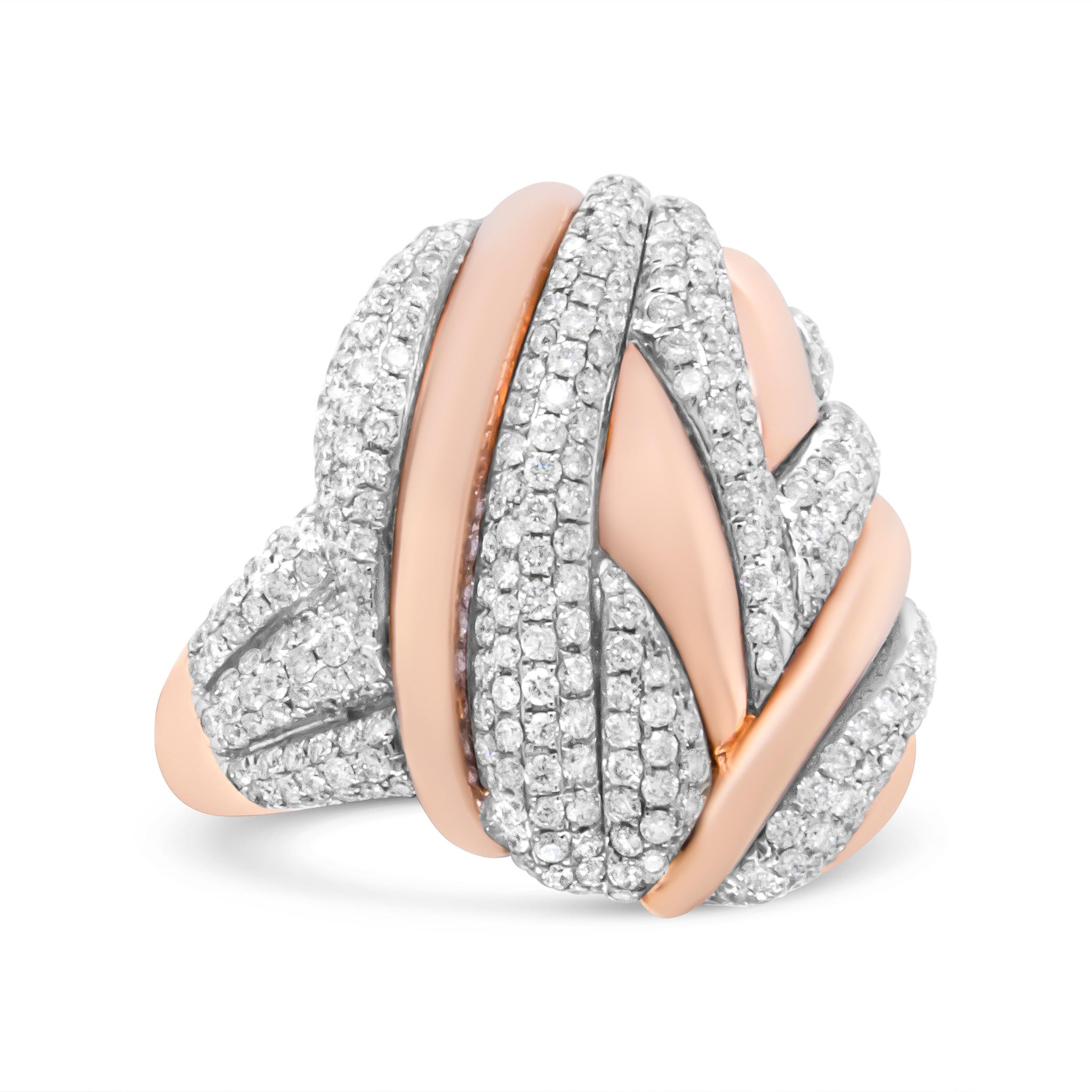 Dieser moderne und luxuriöse ovale Ring im Bypass-Design ist die Ergänzung Ihrer Schmucksammlung, auf die Sie schon lange gewartet haben. Der Ring ist aus tiefem 18-karätigem Roségold gefertigt und mit Schlieren aus natürlichen Weißgolddiamanten