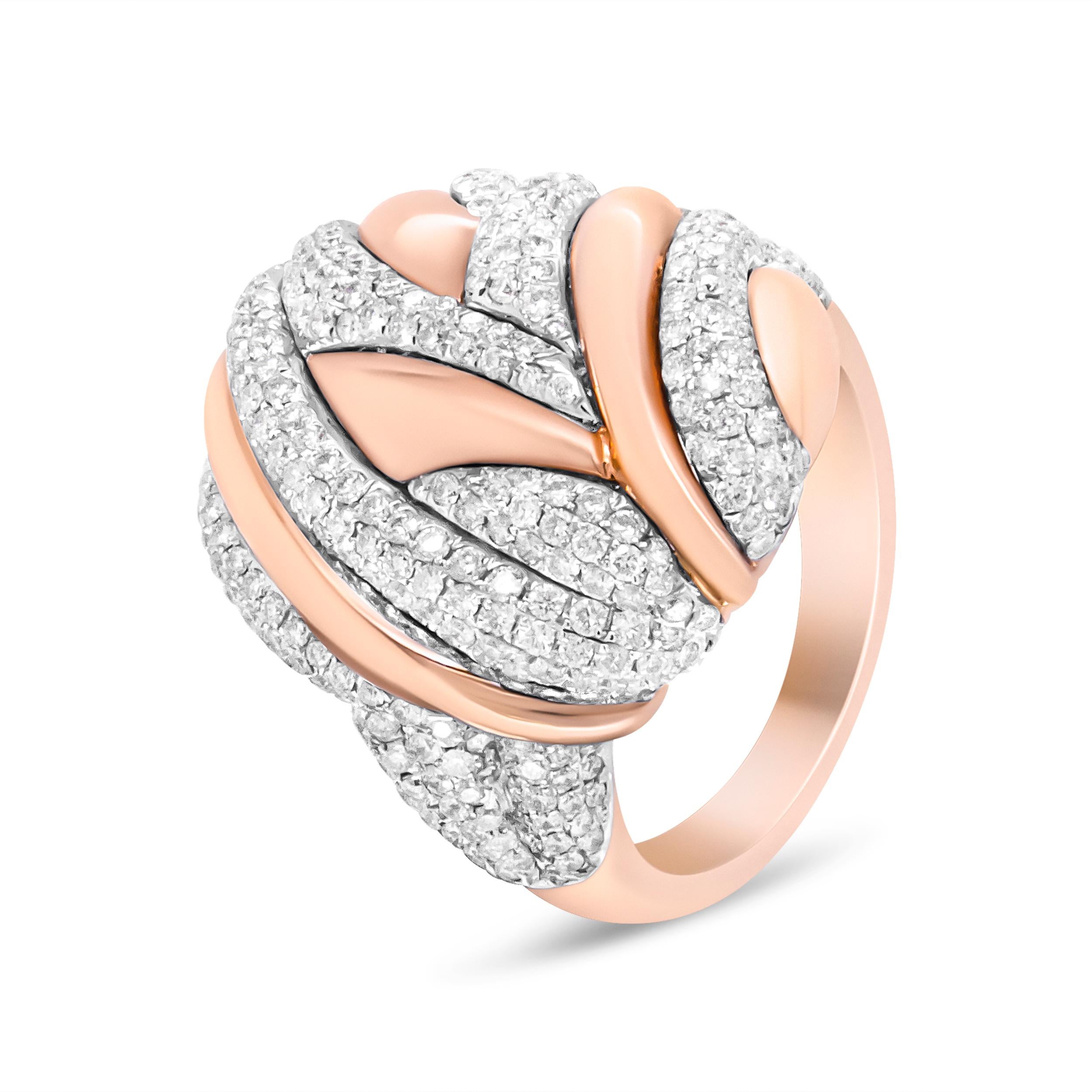 Contemporary 18K Rose and White Gold 1 7/8 Carat Diamond and Gold Textured Dome Cocktail Ring For Sale