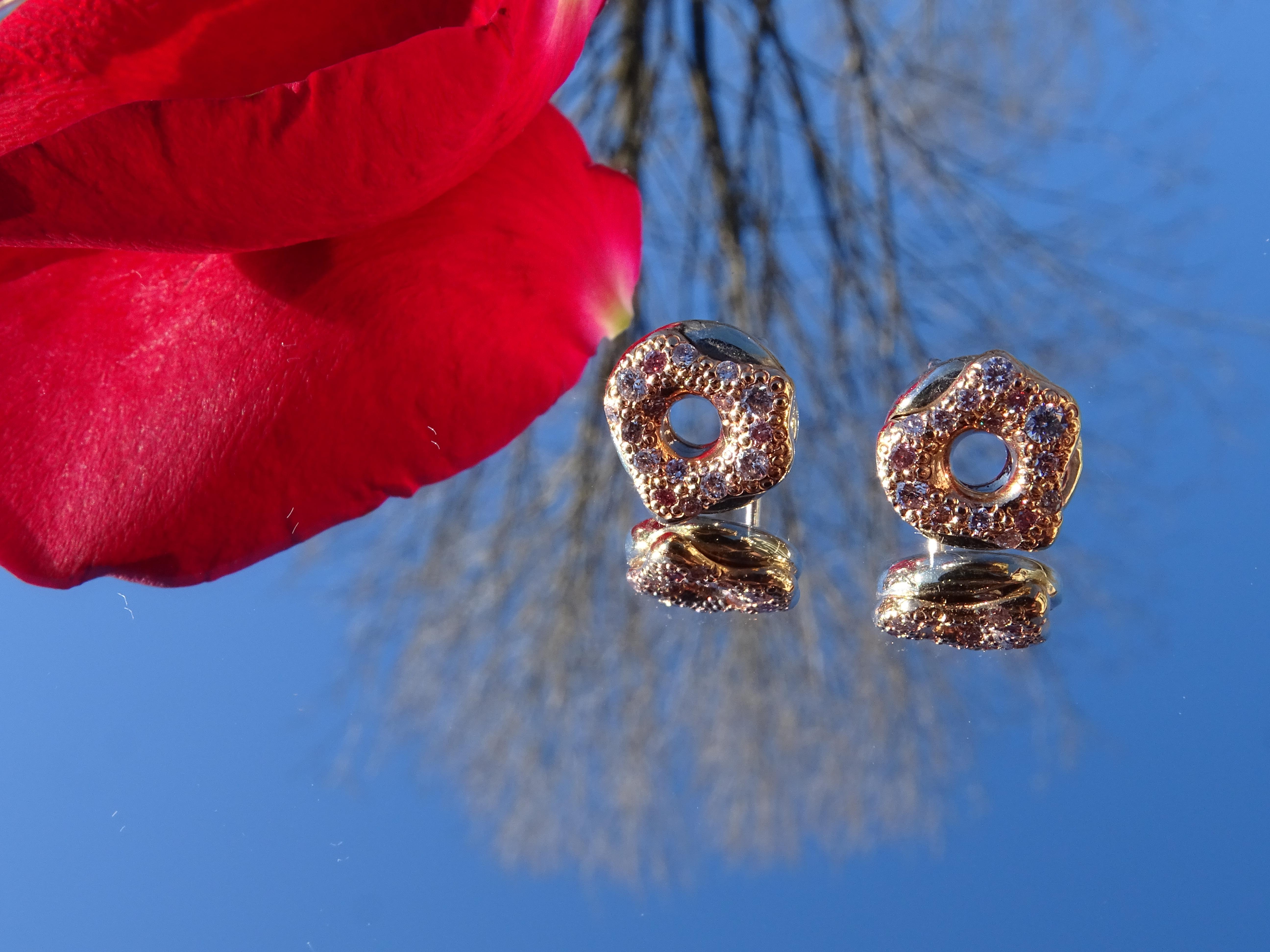 Women's or Men's 18k Rose and White Gold Argyle Pink Diamonds Donut Earrings For Sale