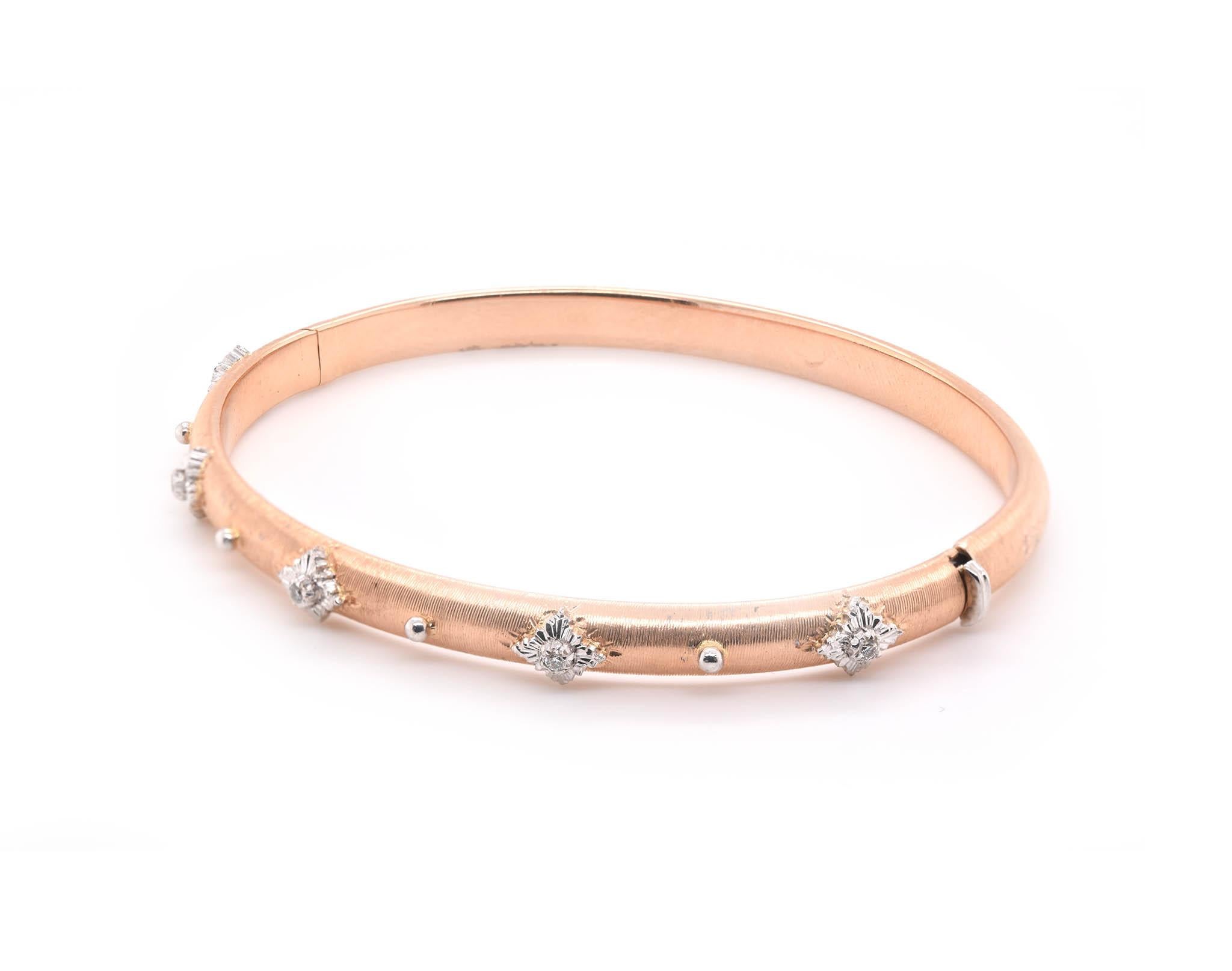 Designer: custom
Material: 18k rose and white gold
Diamonds: 5 round brilliant cuts= .06cttw
Color: G
Clarity: VS
Dimensions: bracelet will fit up to a 7 1/2 ich wrist 
Weight: 9.26 grams