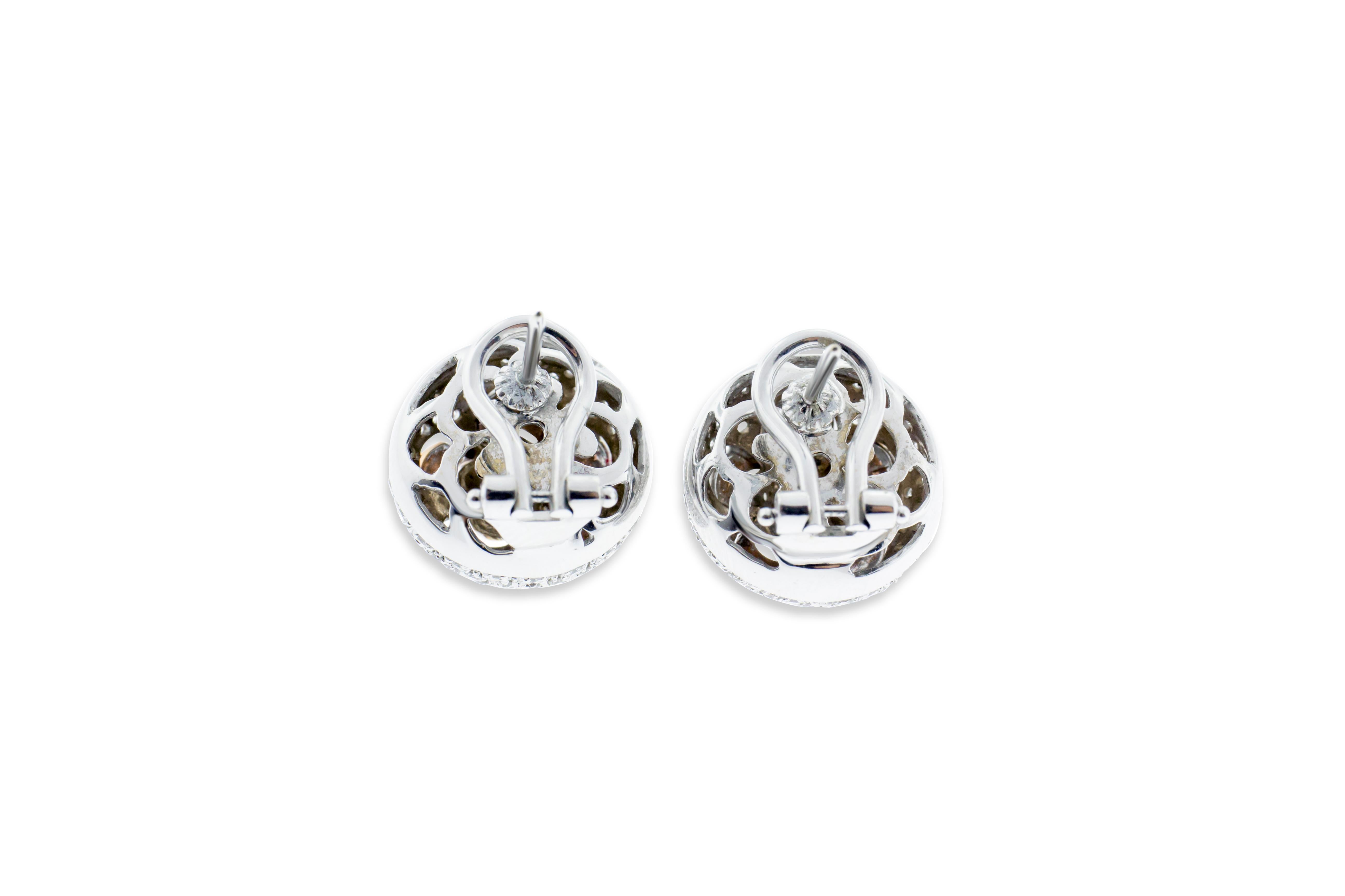 Round Cut 18 Karat Rose and White Gold Diamond Pave Flower Ear Clips For Sale