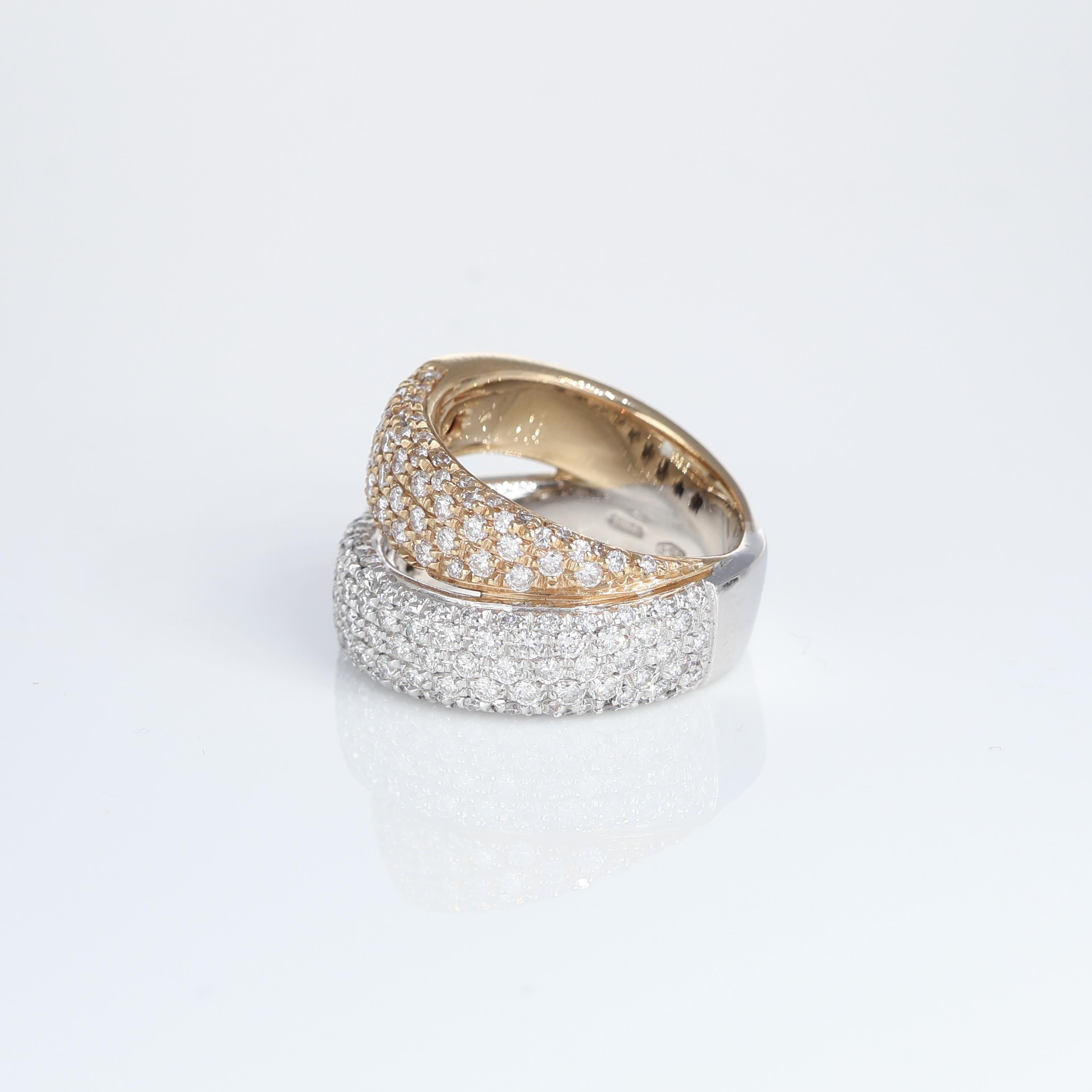 Brilliant Cut 18k Rose and White Gold Double Band Ring with Pavé Diamonds For Sale