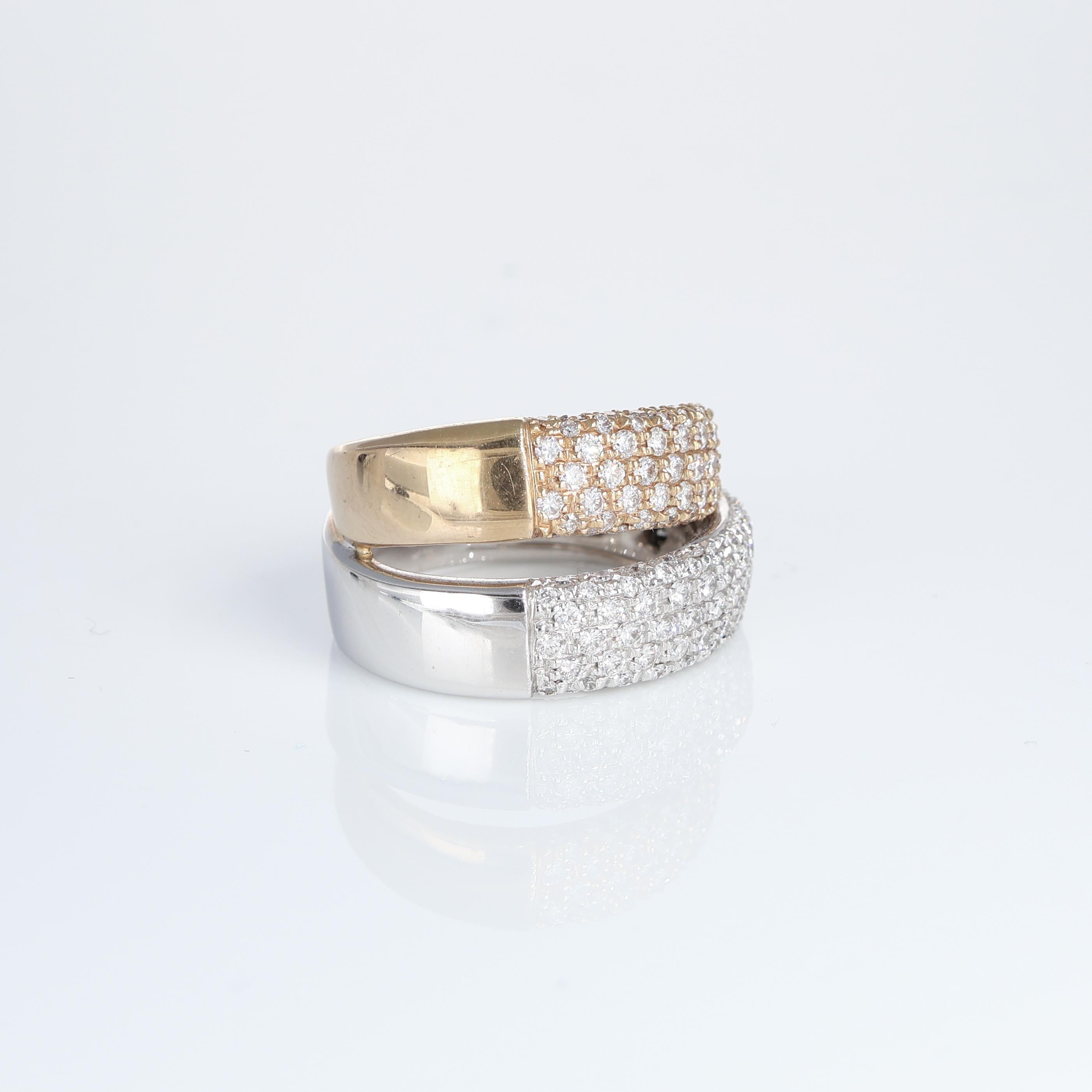 Women's or Men's 18k Rose and White Gold Double Band Ring with Pavé Diamonds For Sale