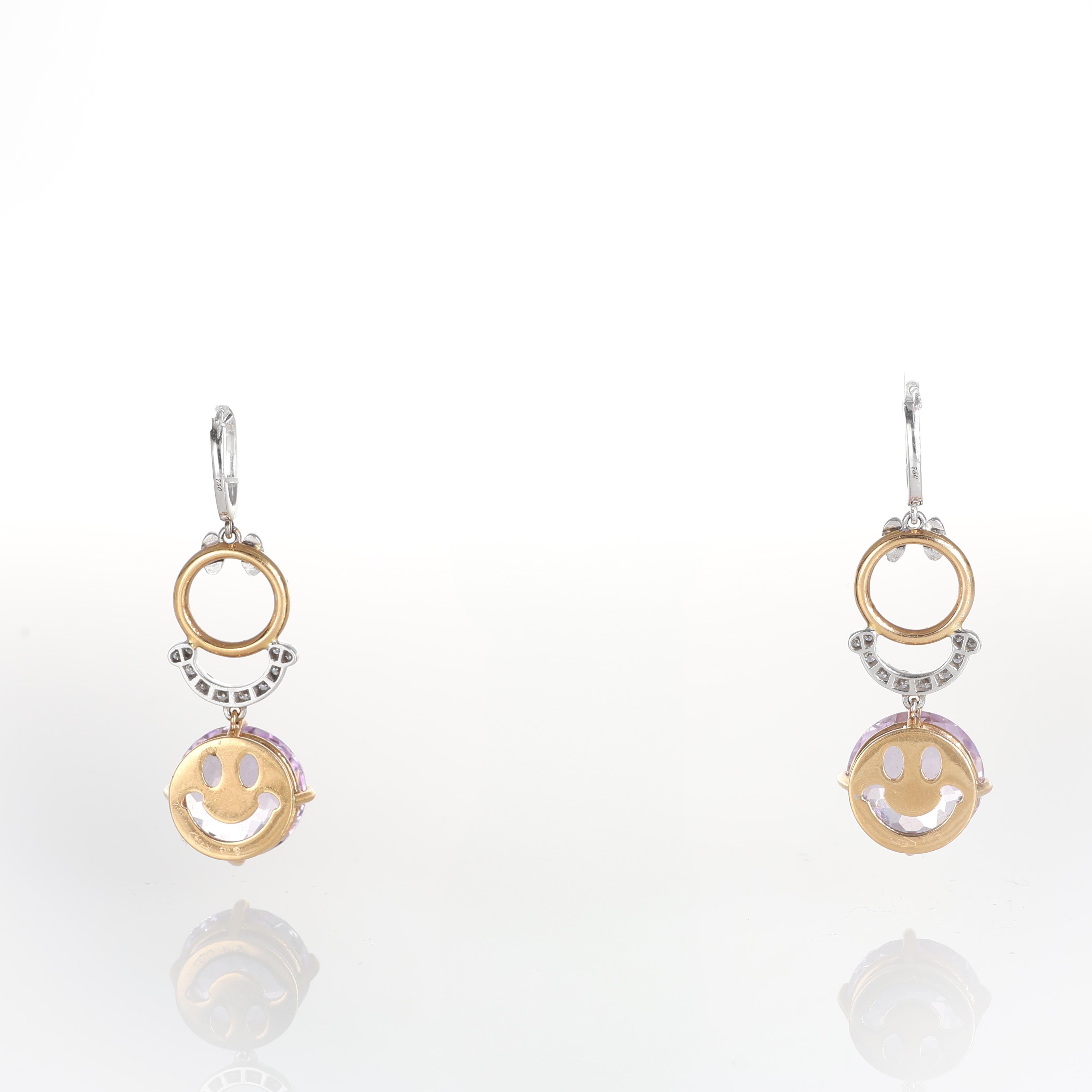 Brilliant Cut 18K Rose and White Gold Drop Earrings with Pink Quartz, Diamonds, and Pink Sapph For Sale