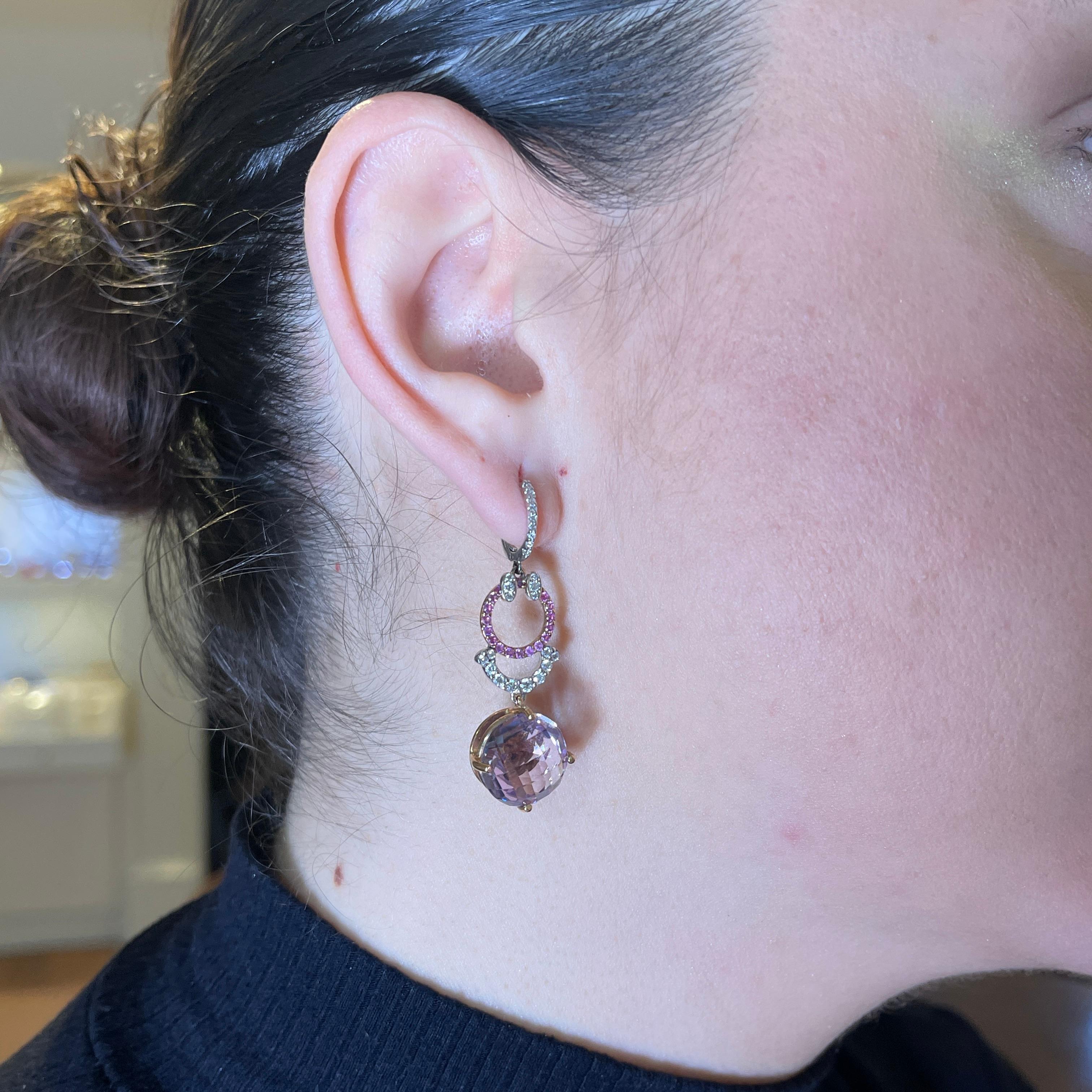 Women's or Men's 18K Rose and White Gold Drop Earrings with Pink Quartz, Diamonds, and Pink Sapph For Sale