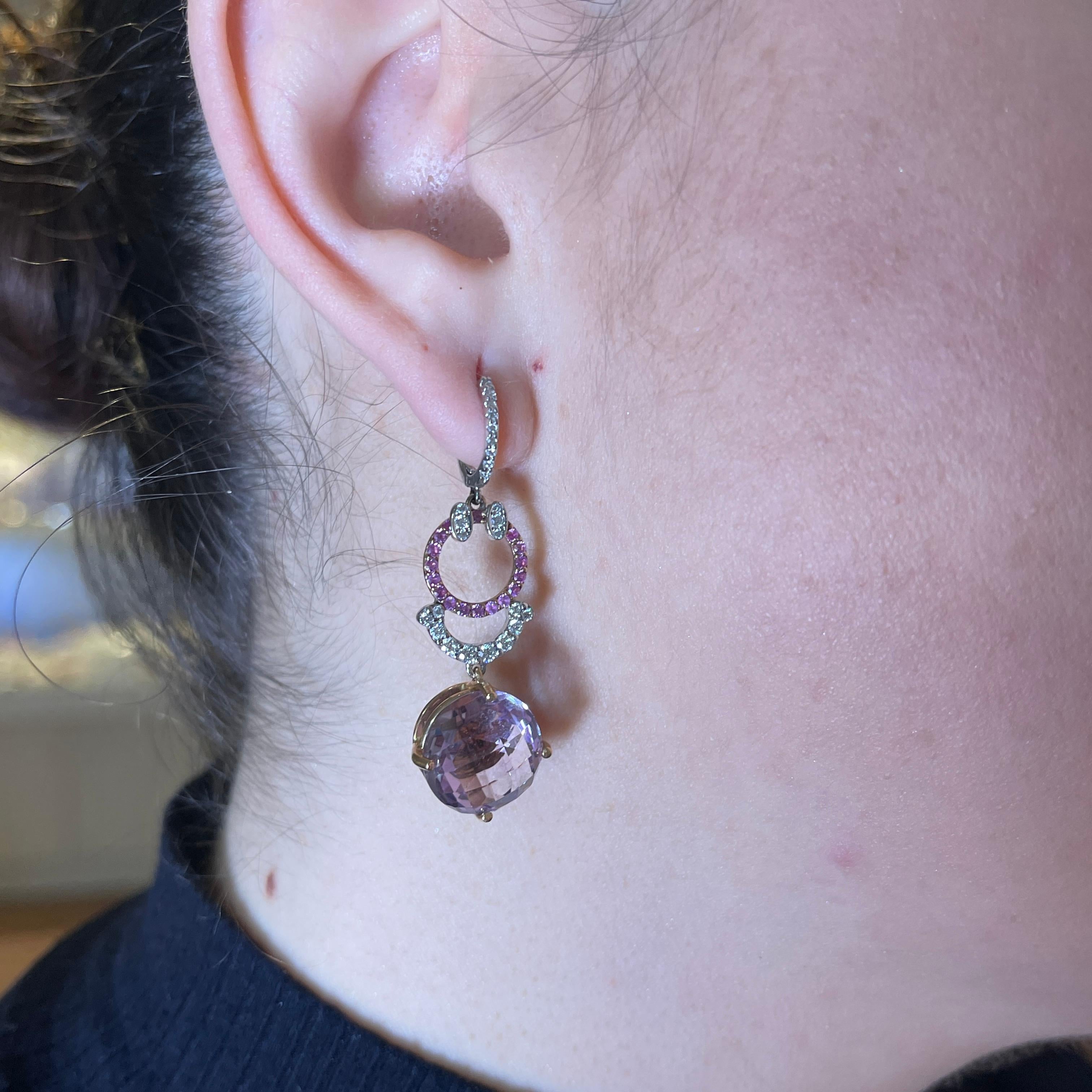 18K Rose and White Gold Drop Earrings with Pink Quartz, Diamonds, and Pink Sapph For Sale 1
