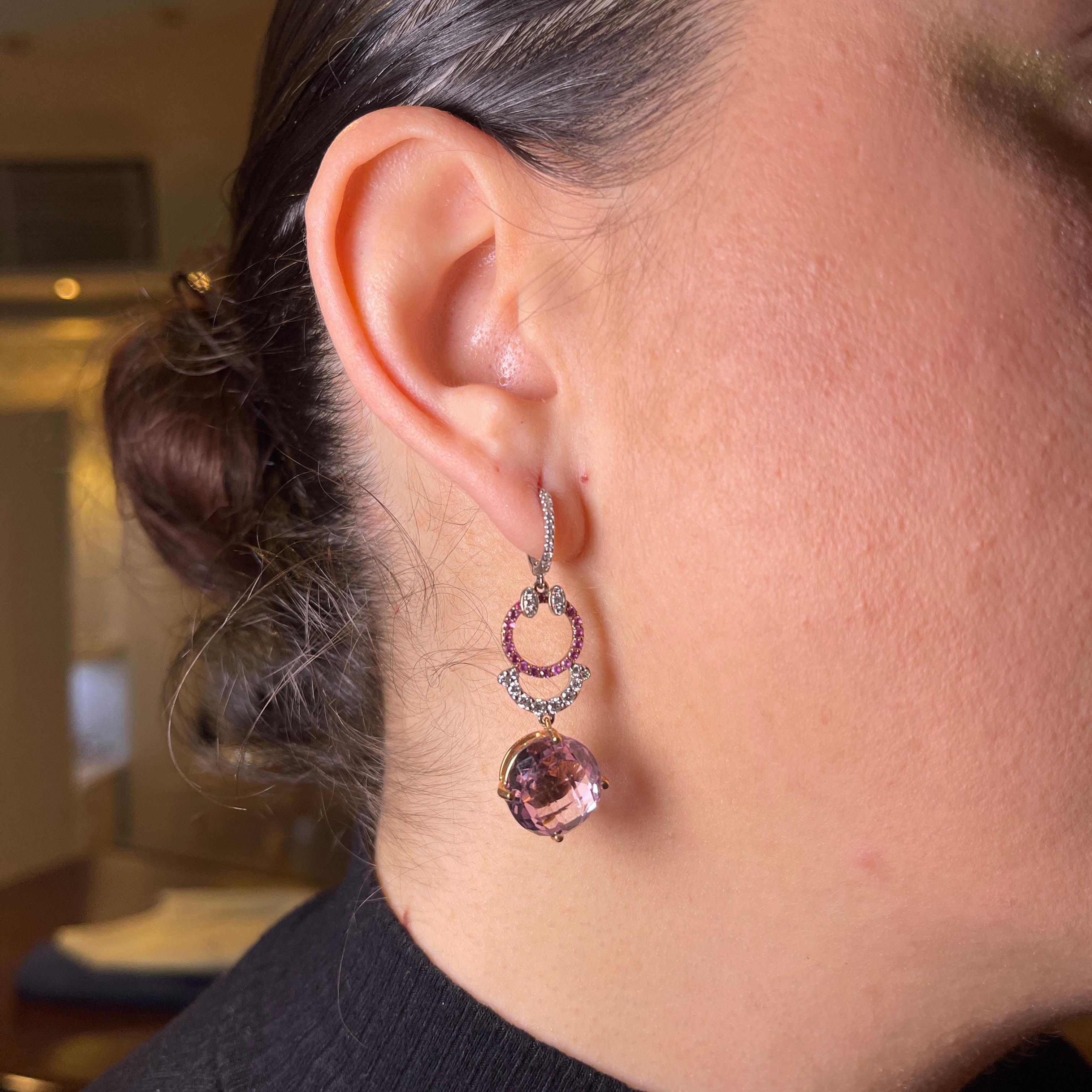 18K Rose and White Gold Drop Earrings with Pink Quartz, Diamonds, and Pink Sapph For Sale 2
