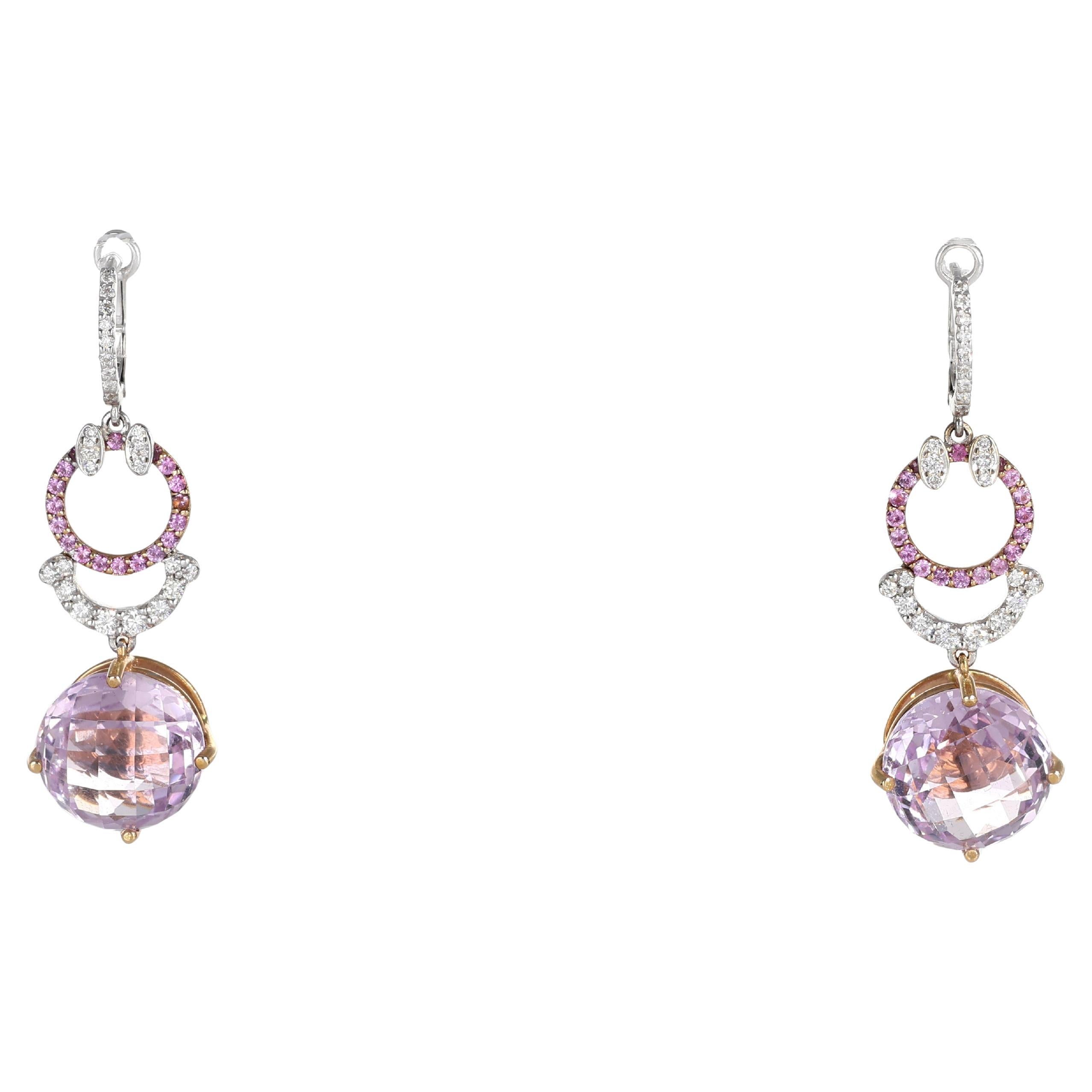 18K Rose and White Gold Drop Earrings with Pink Quartz, Diamonds, and Pink Sapph For Sale