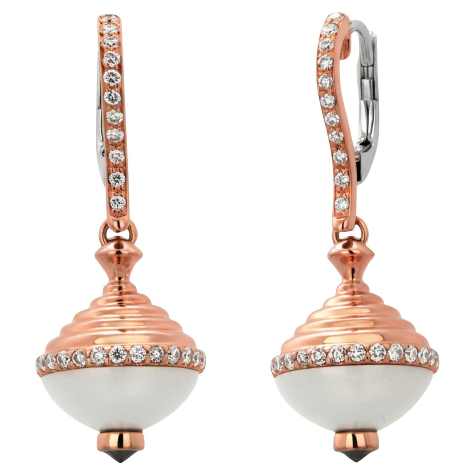 18K Rose and White Gold Enamel Diamond Orb Drop Earrings, 0.70 Carats