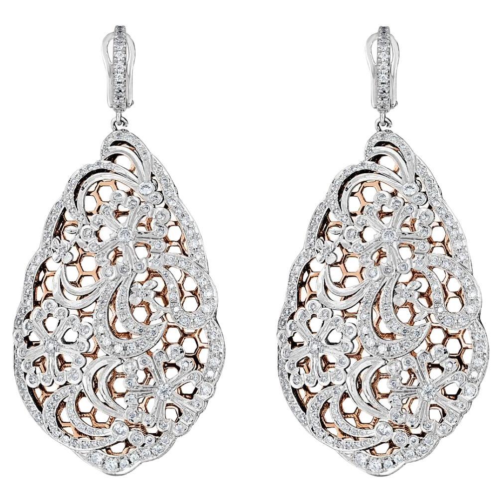 18k Rose and White Gold Filigree Teardrop Diamond Earrings For Sale
