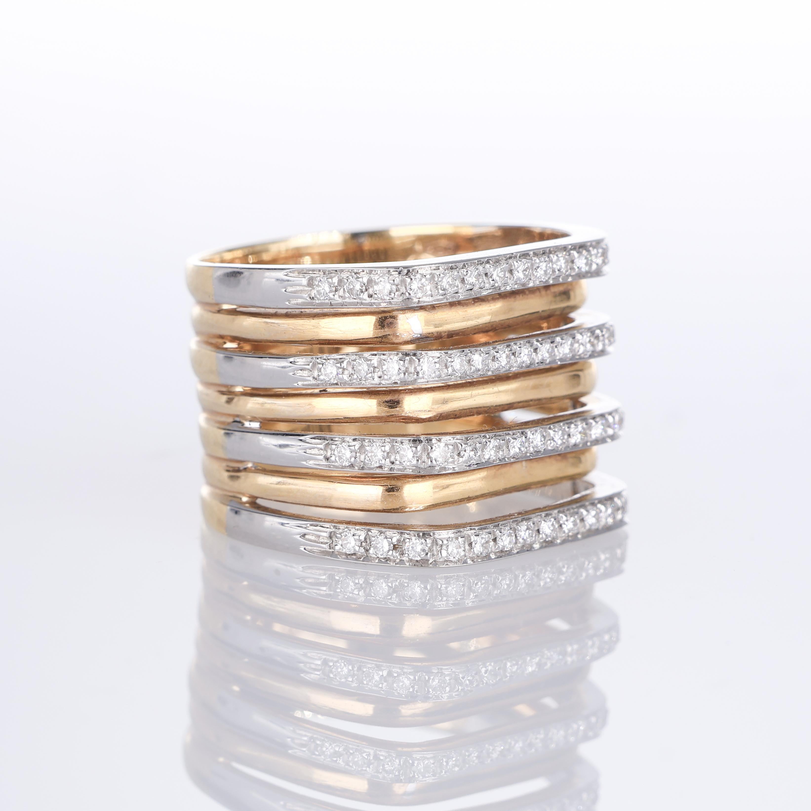 Brilliant Cut 18K Rose and White Gold Multi-Band Ring with Diamonds For Sale