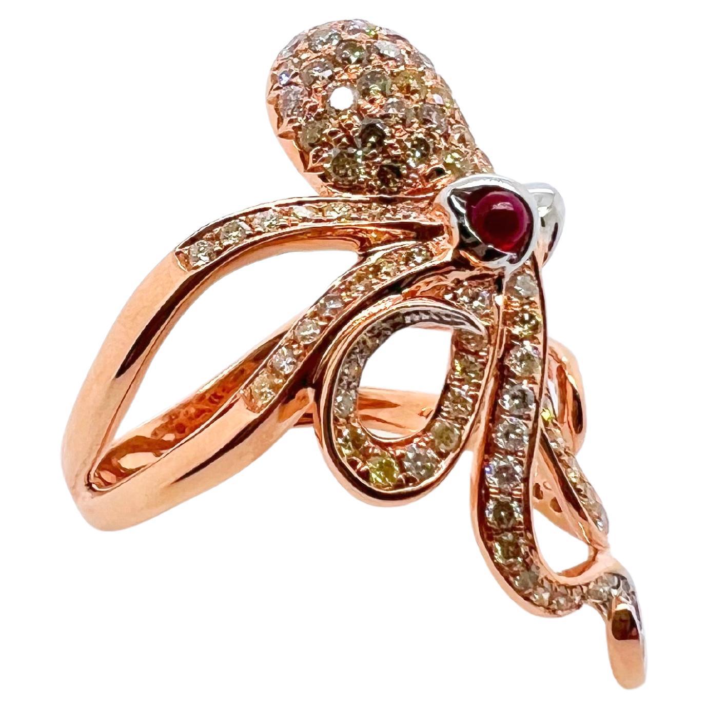 Cabochon 18k Rose and White Gold Octopus Diamond Ring For Sale