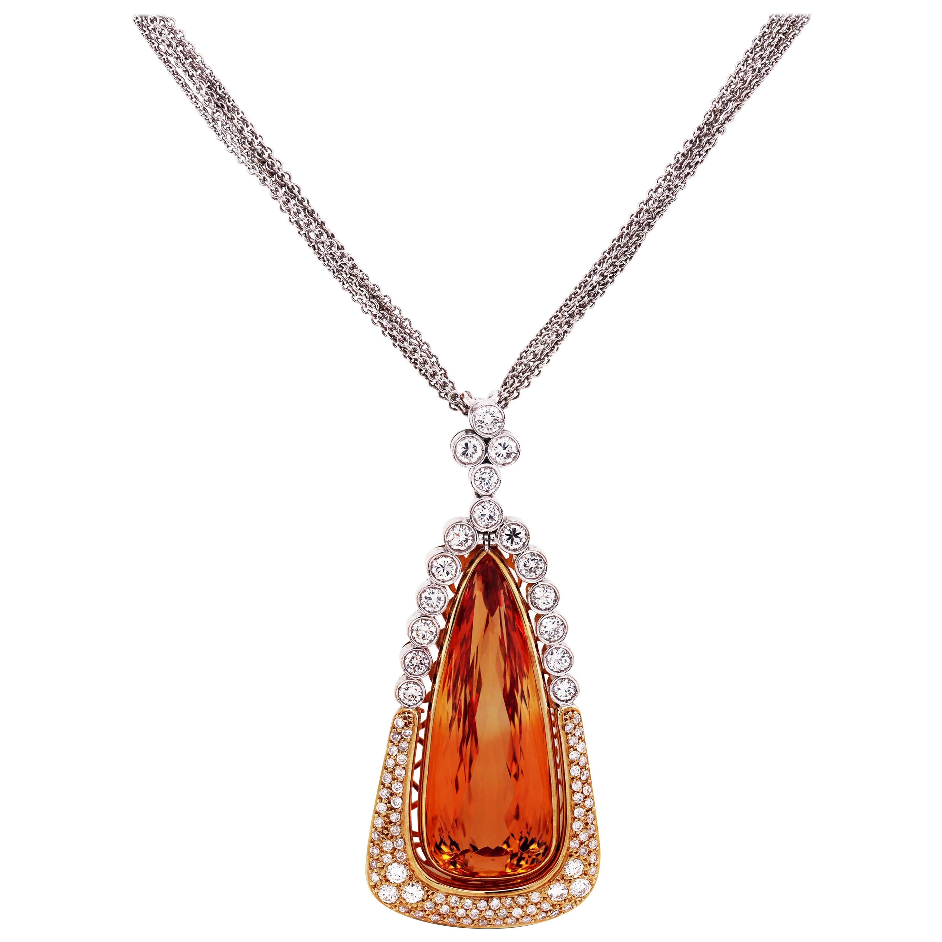 18 Karat Rose and White Gold Pendant with Diamonds an Pear Shape Imperial Topaz