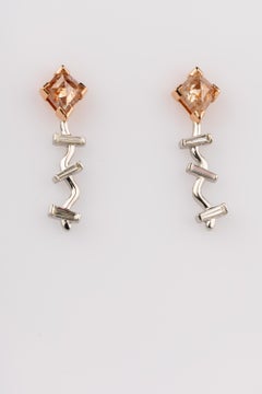 18k Rose and White Gold Red Rose Cut Diamond Earrings with Baguette Diamonds