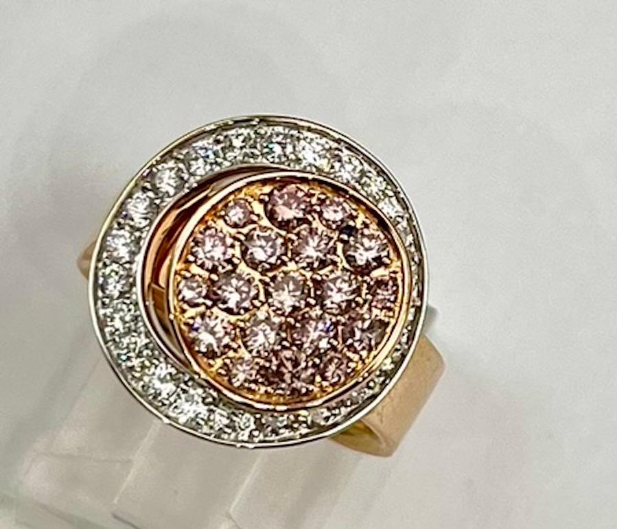 Contemporary 18K Rose and White Gold Ring With Round Natural Pink and White Diamonds For Sale