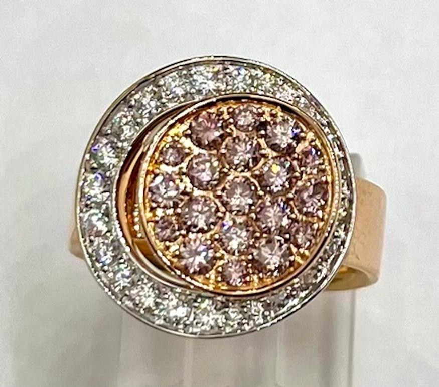 Round Cut 18K Rose and White Gold Ring With Round Natural Pink and White Diamonds For Sale