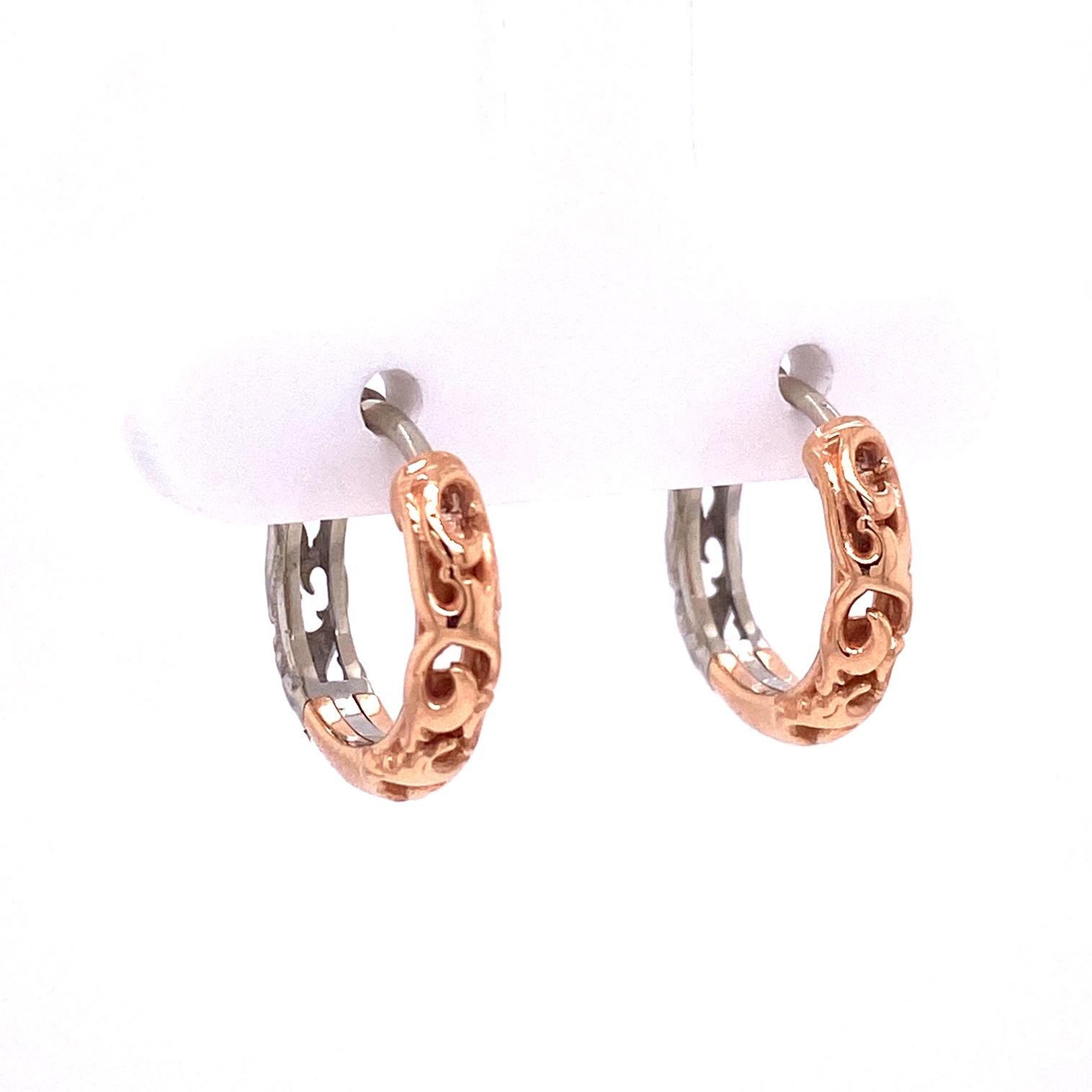 Contemporary 18k Rose and White Gold Scroll Pattern Hoops with Rose Quartz Earring Jackets