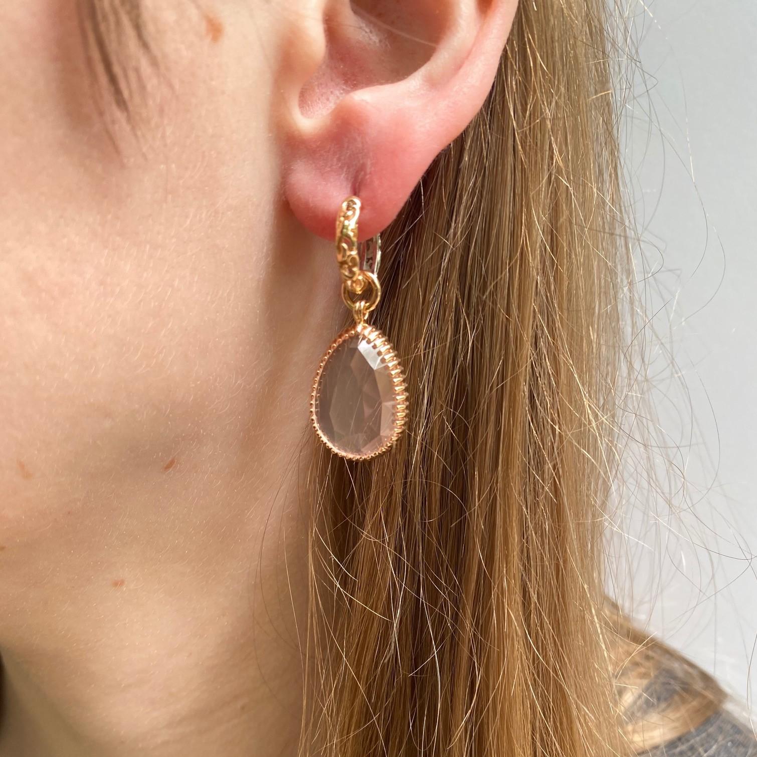 Rose Cut 18k Rose and White Gold Scroll Pattern Hoops with Rose Quartz Earring Jackets
