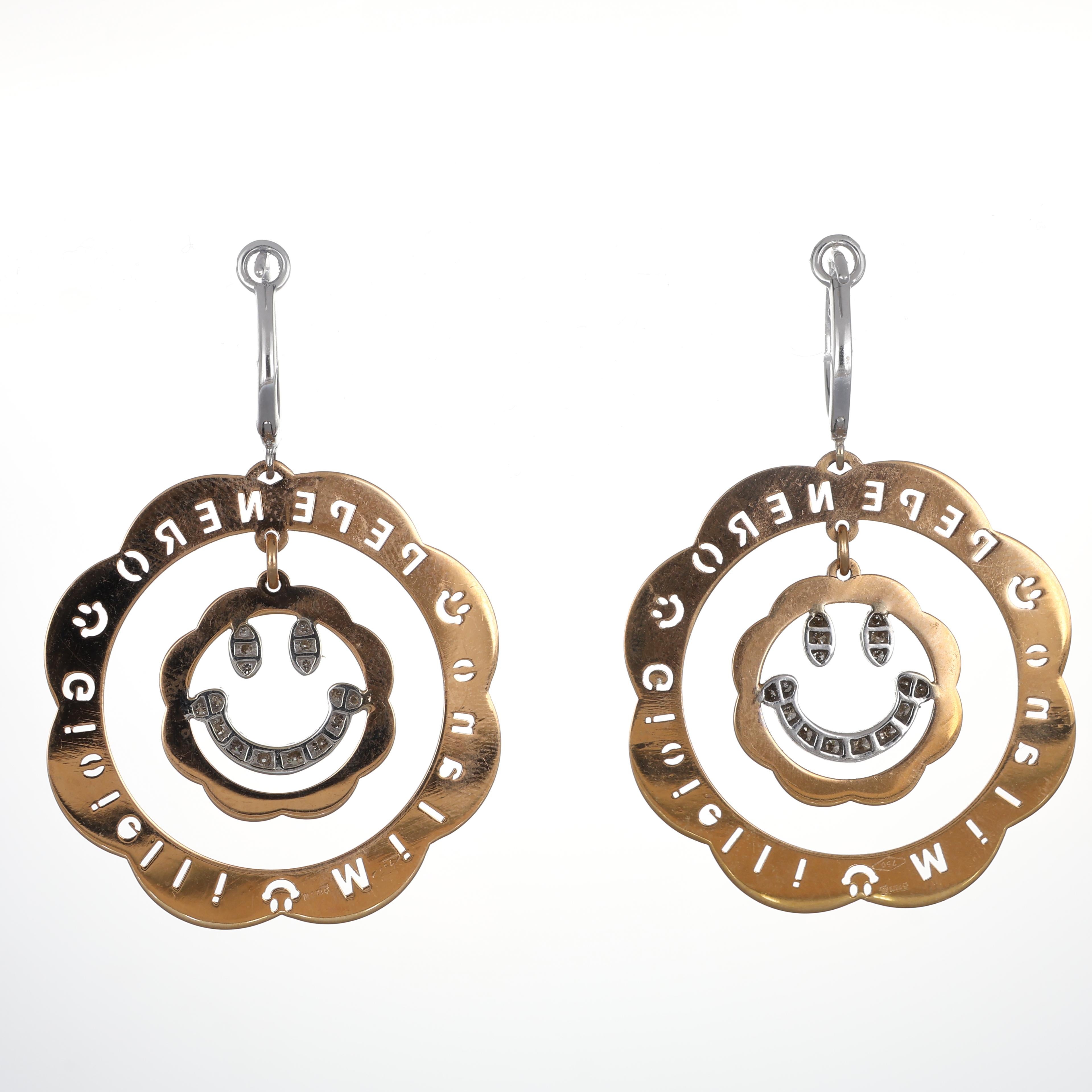 Brilliant Cut 18K Rose and White Gold Smiley Flower Drop Earrings with Diamonds For Sale