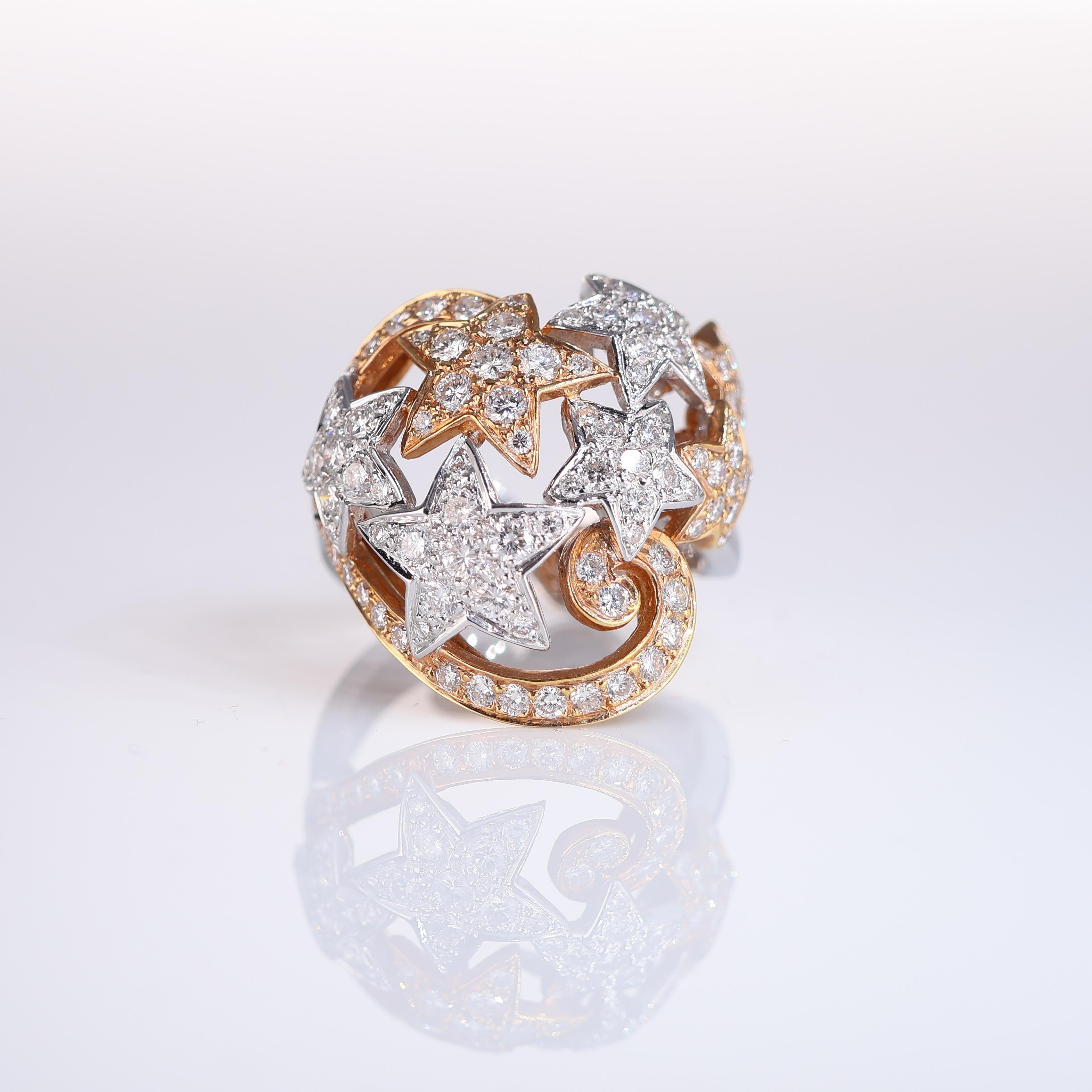IMPORTANT NOTE:
✔ No additional costs will be added to this order.
✔ Shipping and customs duties are fully covered by us.
--------------------
A celestial masterpiece, this 18K rose and white gold ring features a unique star motif adorned with