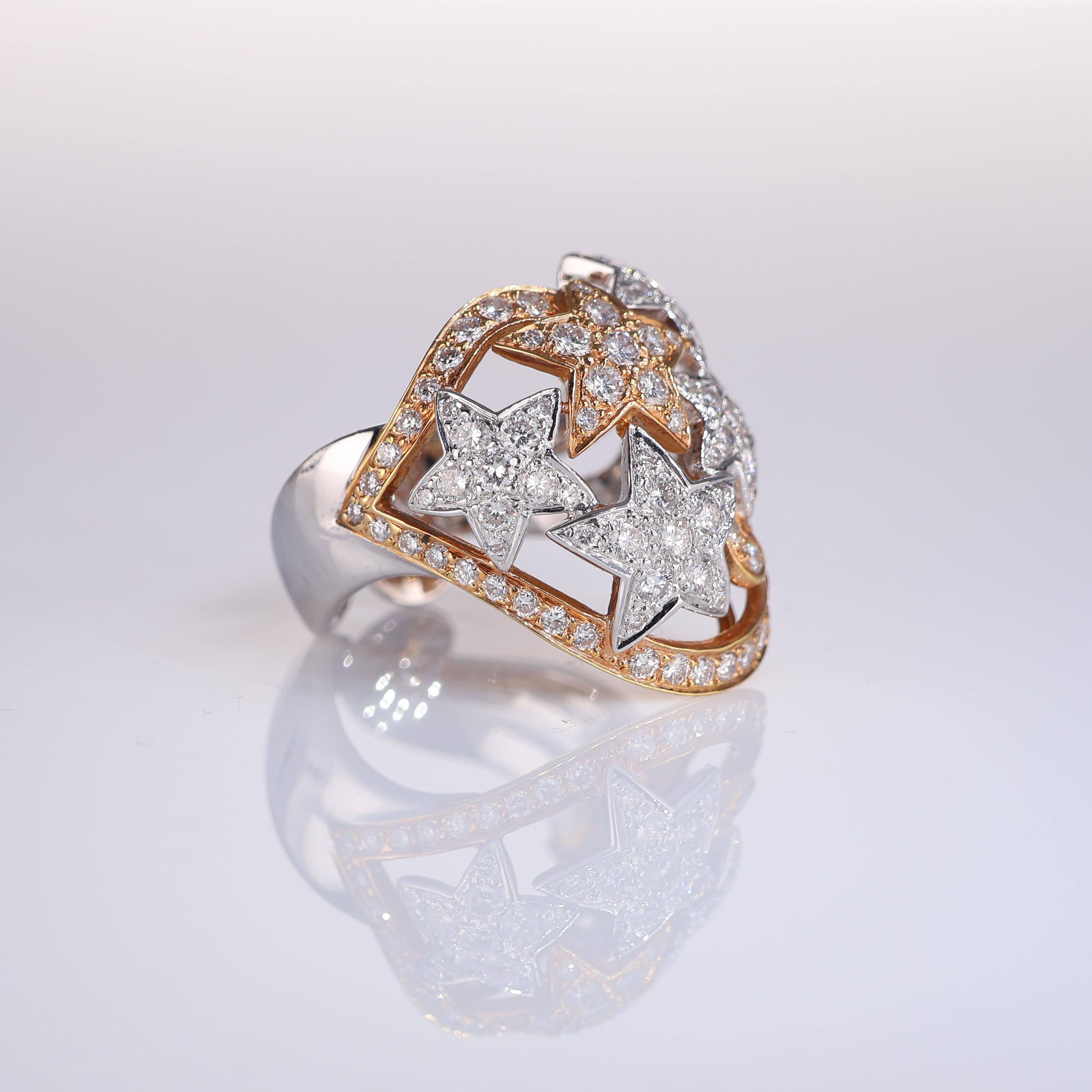 Brilliant Cut 18K Rose and White Gold Star Motif Ring with 1.66 Carats of Diamonds For Sale