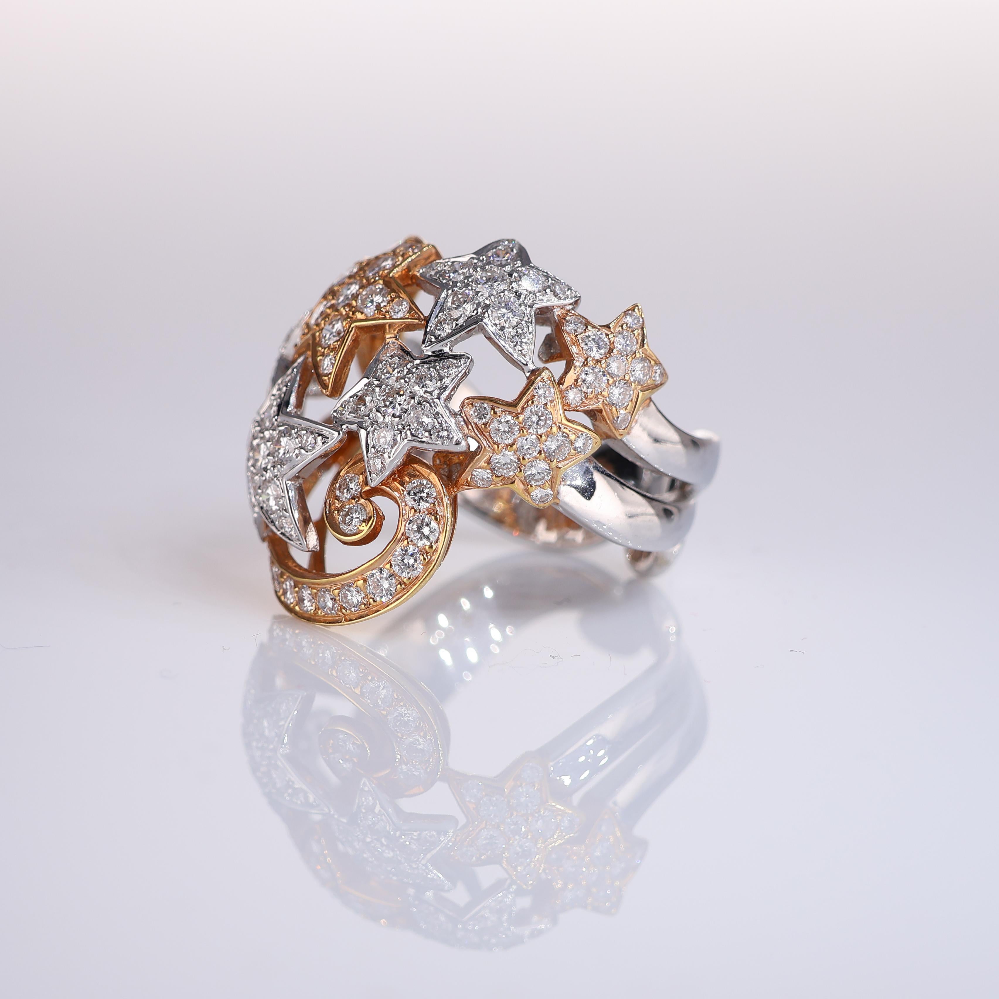 18K Rose and White Gold Star Motif Ring with 1.66 Carats of Diamonds In New Condition For Sale In Bergamo, BG
