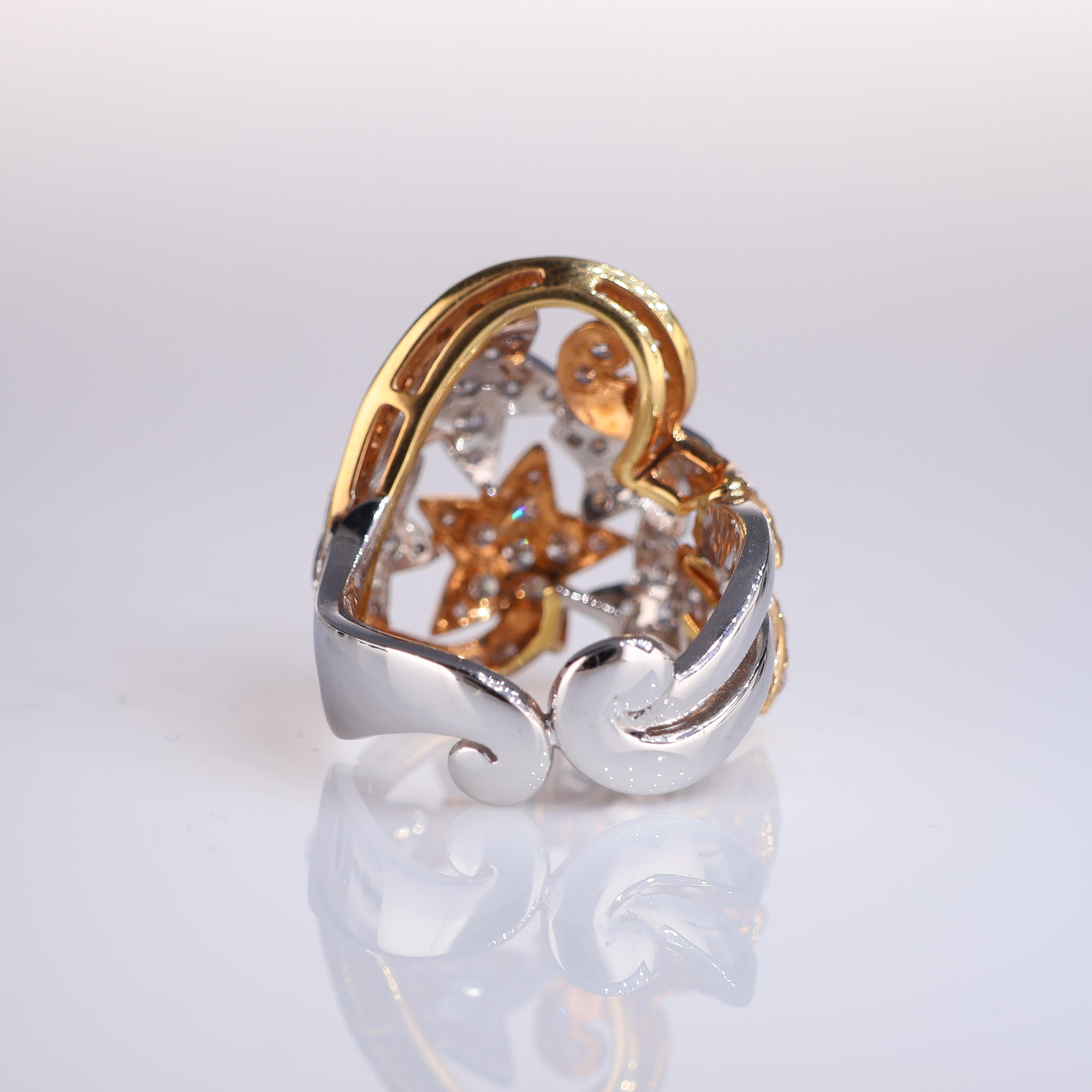 Women's or Men's 18K Rose and White Gold Star Motif Ring with 1.66 Carats of Diamonds For Sale