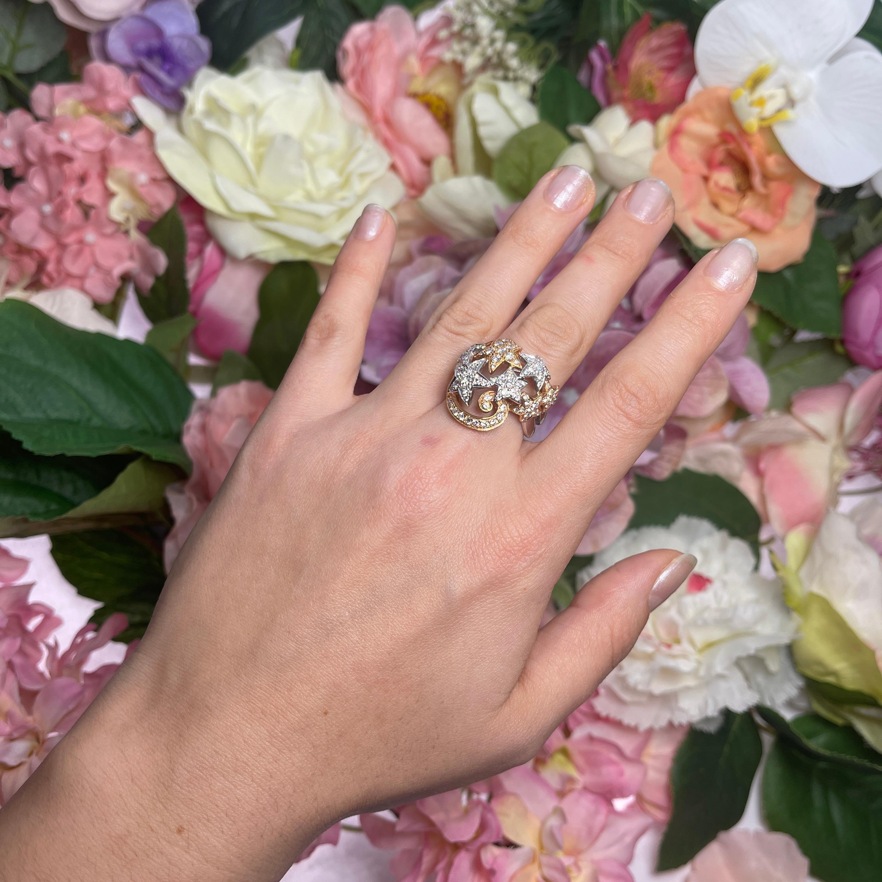 18K Rose and White Gold Star Motif Ring with 1.66 Carats of Diamonds For Sale 1