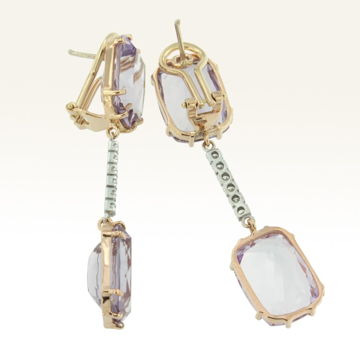 Moderne Boucles d'oreilles en or rose et blanc 18 carats avec améthyste et diamant blanc en vente