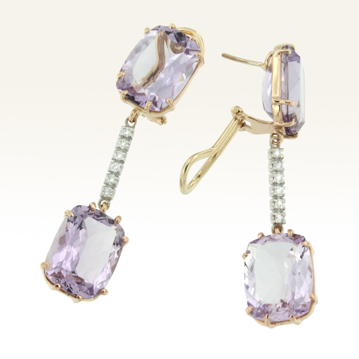 Round Cut 18 Karat Rose and White Gold with Amethyst and White Diamond Earrings For Sale