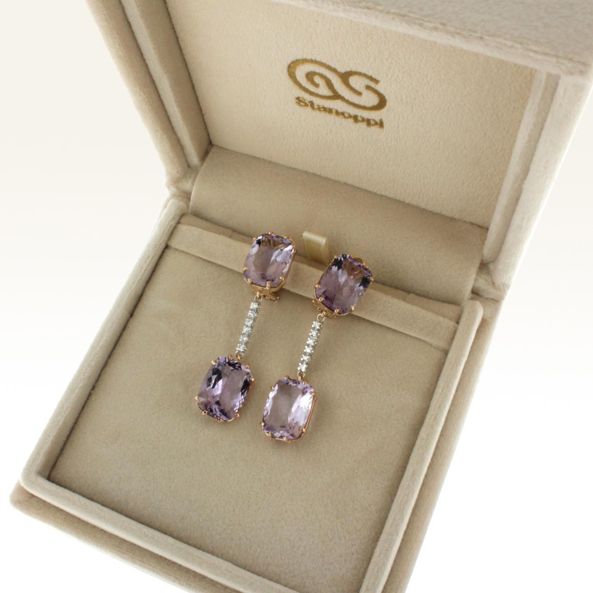 18 Karat Rose and White Gold with Amethyst and White Diamond Earrings For Sale 1