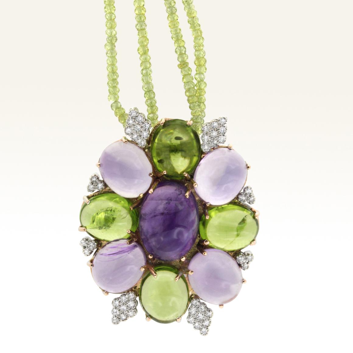 Modern 18 Karat Rose and White Gold with Amethysts Peridots and White Diamond Pendant For Sale