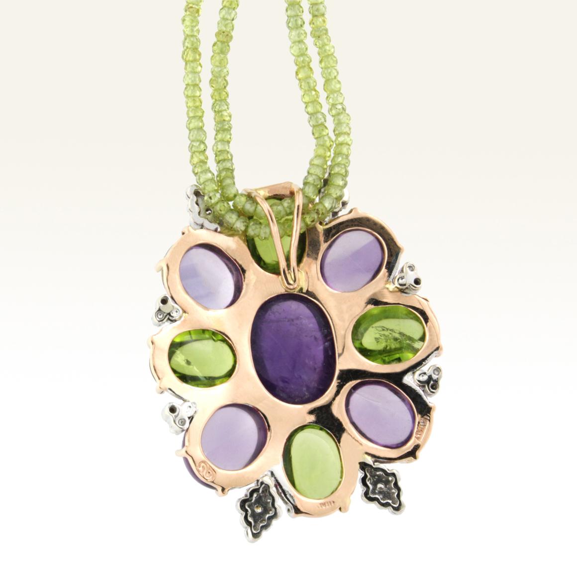 Oval Cut 18 Karat Rose and White Gold with Amethysts Peridots and White Diamond Pendant For Sale
