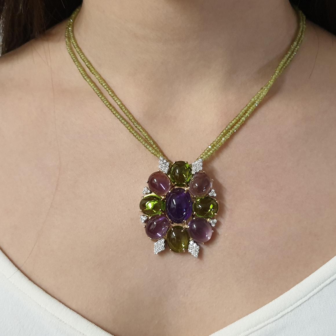 Women's or Men's 18 Karat Rose and White Gold with Amethysts Peridots and White Diamond Pendant For Sale