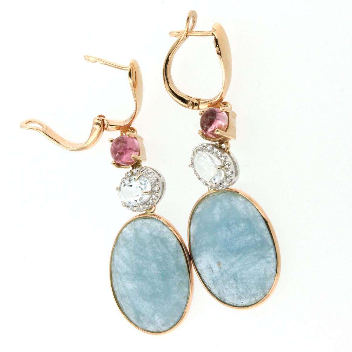 Modern 18k Rose and White Gold with Aquamarine Milk Pink Tourmaline Diamonds Earrings