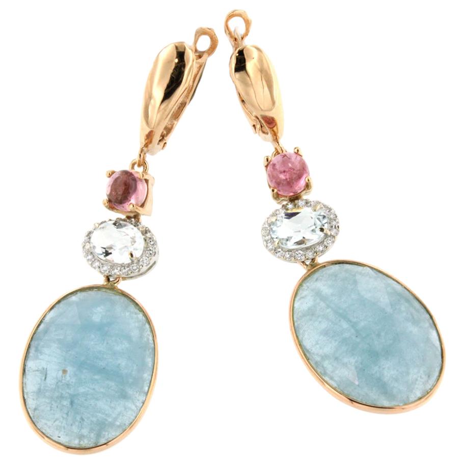 18k Rose and White Gold with Aquamarine Milk Pink Tourmaline Diamonds Earrings