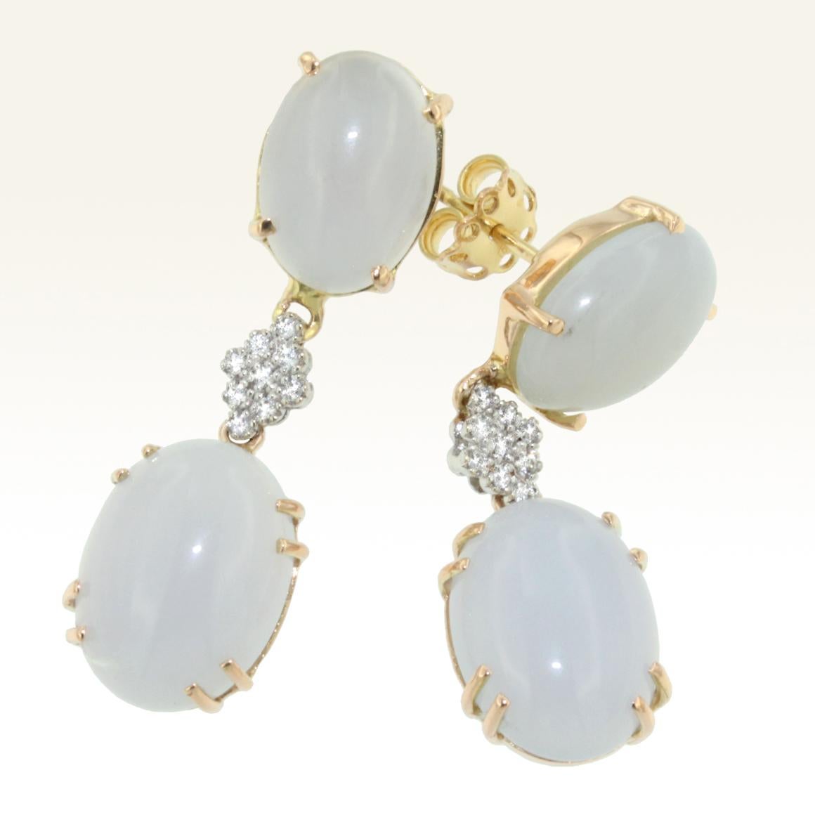 Earrings in rose and white gold with Chalcedony (oval cabochon cut, size: 10x10 mm and 12x16 mm) and Diamonds VS color G/ H cts 0,18  g.12,50    Chalcedony is a stone that promotes brotherhood and good will .  It absorbs negative energy.  It bring