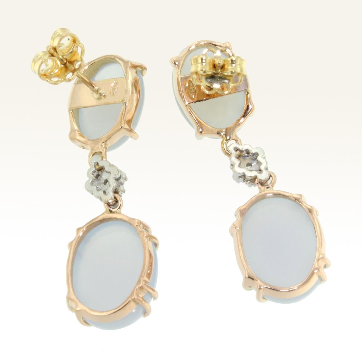 Oval Cut 18 Karat Rose and White Gold with Chalcedony and White Diamond Earrings