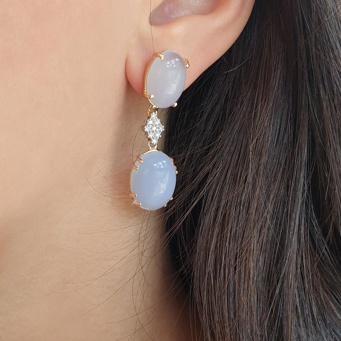 Women's or Men's 18 Karat Rose and White Gold with Chalcedony and White Diamond Earrings