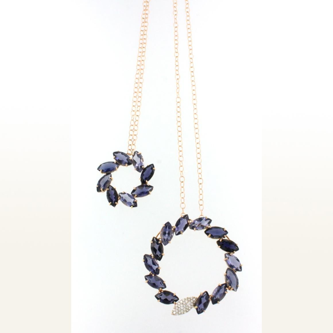 Modern 18 Karat Rose and White Gold with Iolite and White Diamonds Necklace For Sale