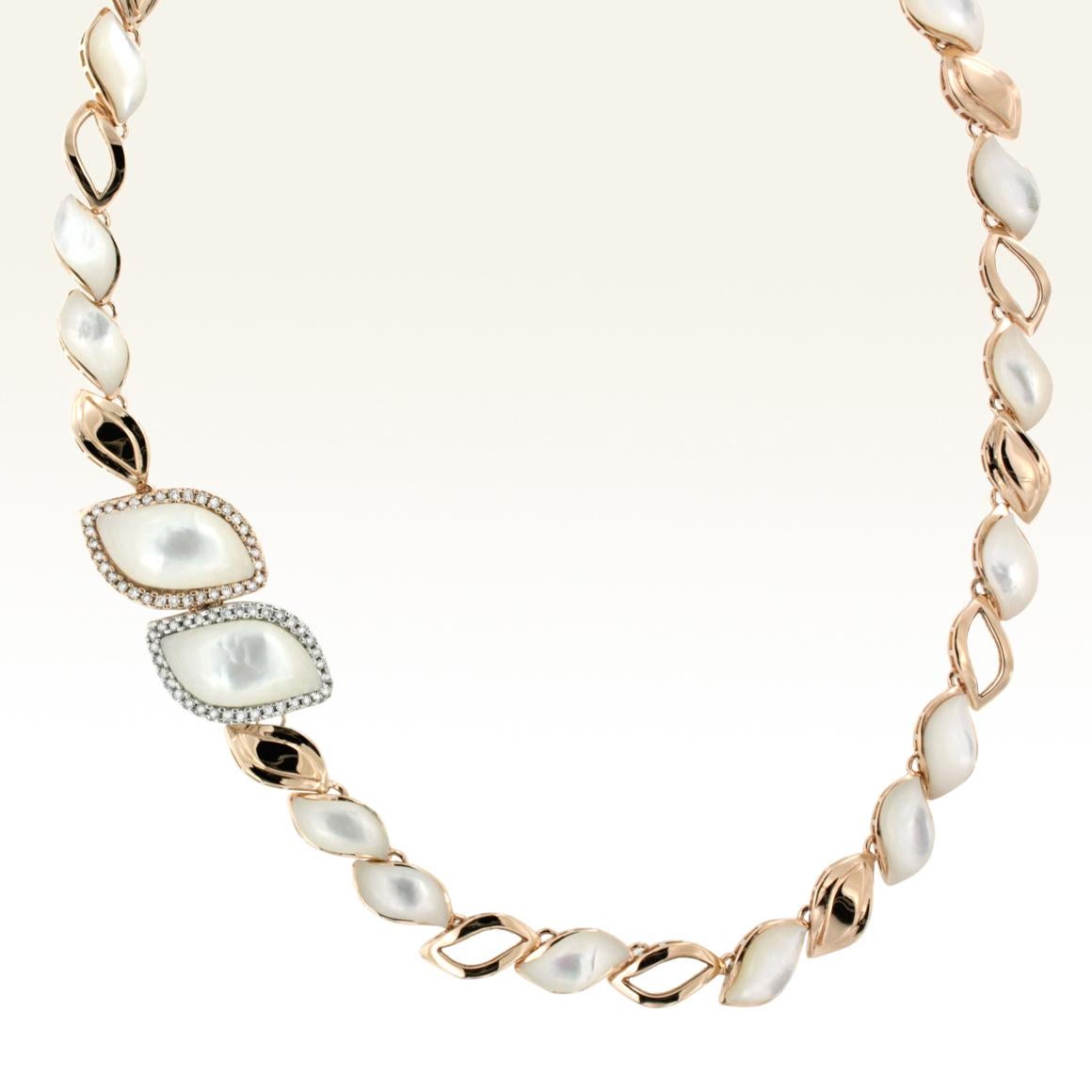 Marquise Cut 18 Karat Rose and White Gold with Mother of Pearl and White Diamond Necklace For Sale
