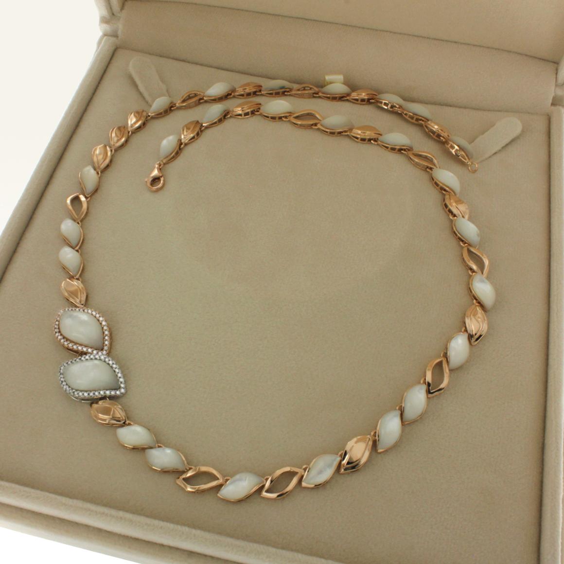 Modern 18 Karat Rose and White Gold with Mother of Pearl and White Diamond Necklace For Sale
