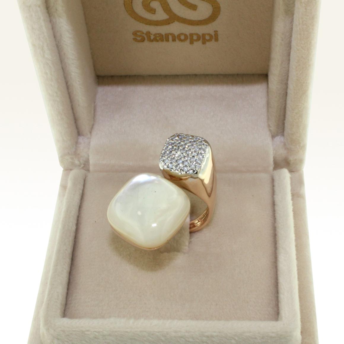 Women's or Men's 18k Rose and White Gold with Mother of Pearl and White Diamonds Ring For Sale