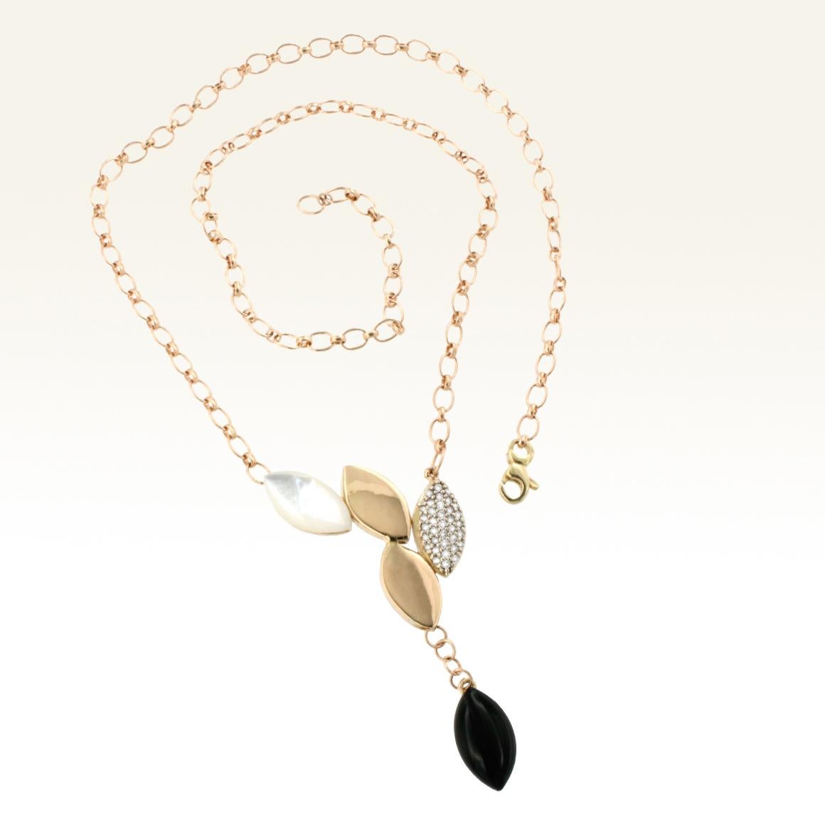Modern 18 Karat Rose and White Gold with Mother of Pearl, Onix, White Diamond Necklace For Sale