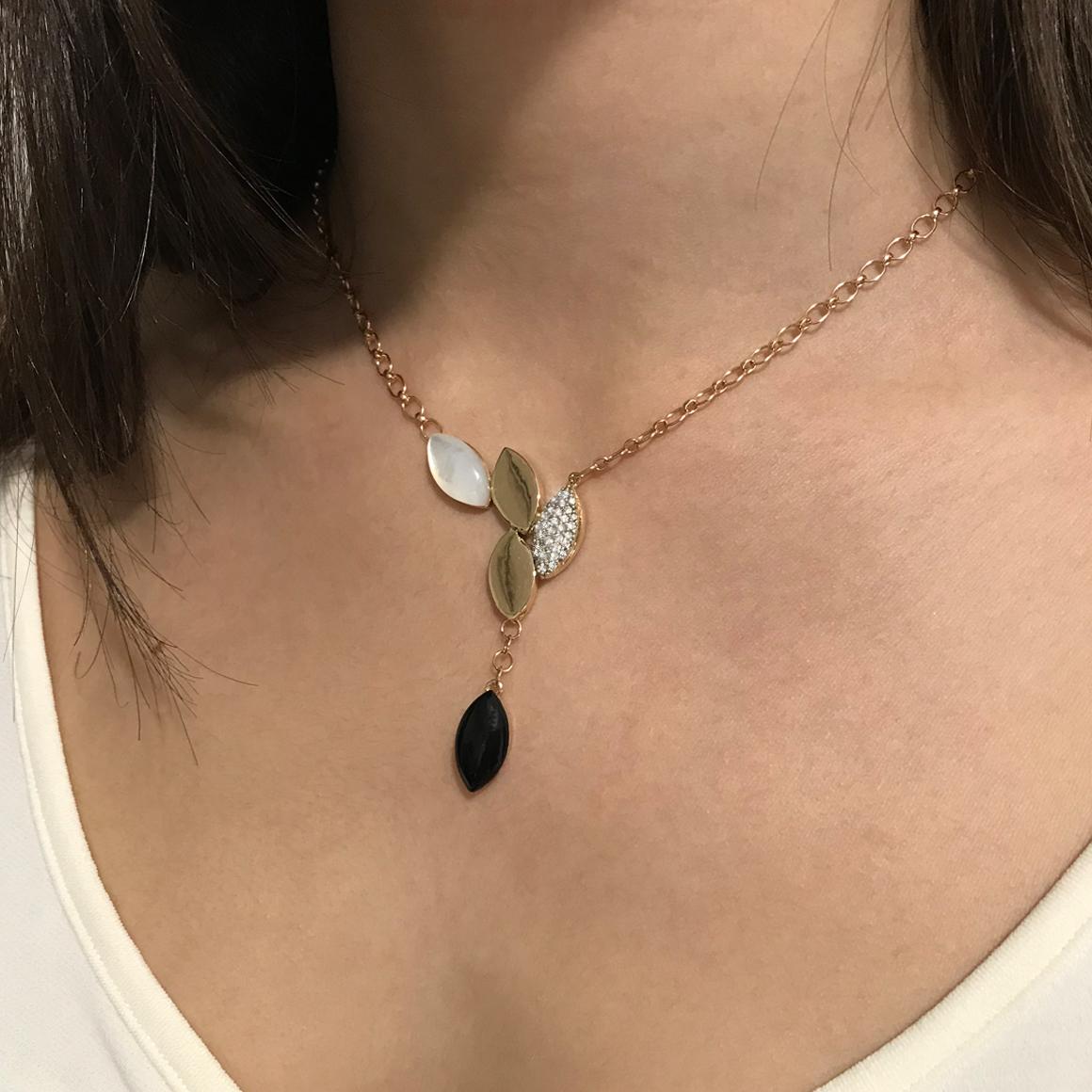 Beautiful necklace in 18k Rose and White Gold, with Mother of Pearl in marquise cut (size stone: 21,37x11,63 h 4,70 mm, weight: g. 2), Onix in marquise cut (size stone: 21,37x11,63 h 4,70 mm, weight: g. 2) and White Diamond karat 0,33 VS colour
