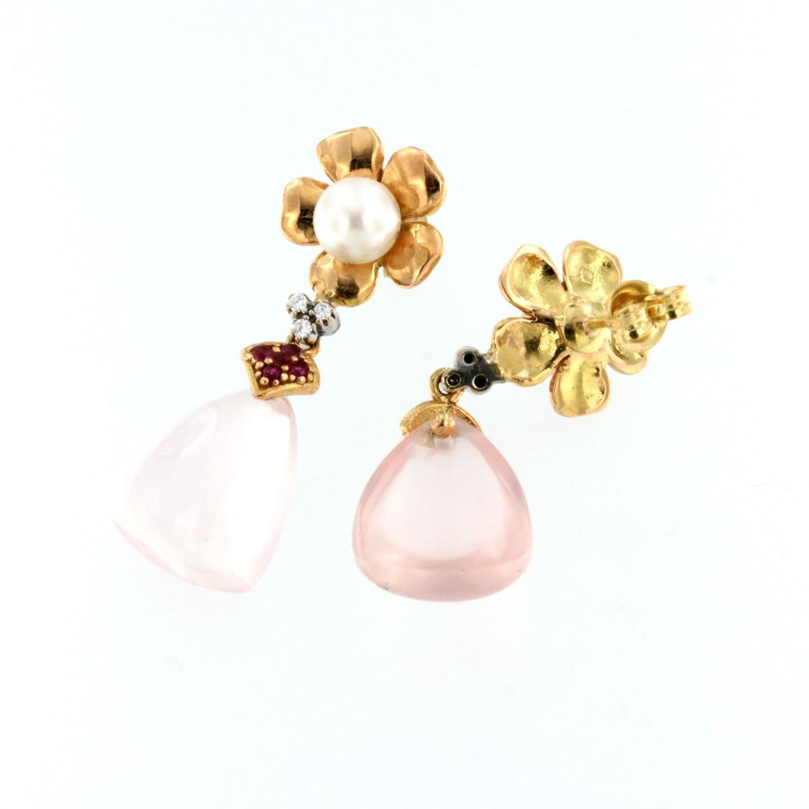 Modern 18k Rose and White Gold with Pink Quartz Pearls Ruby and White Diamonds Earrings For Sale