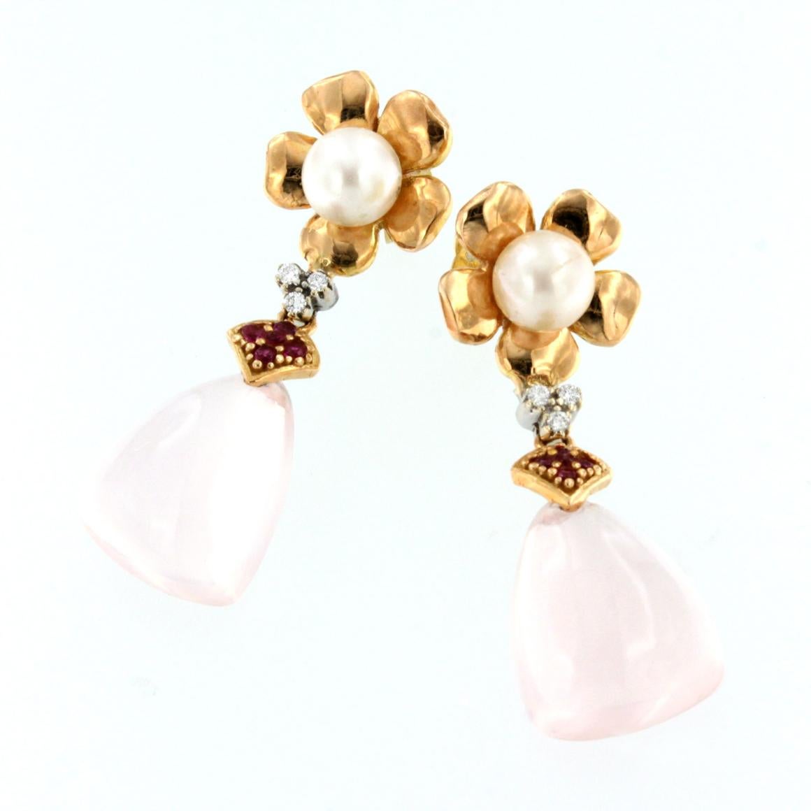 18k Rose and White Gold with Pink Quartz Pearls Ruby and White Diamonds Earrings In New Condition For Sale In GALLARATE, IT